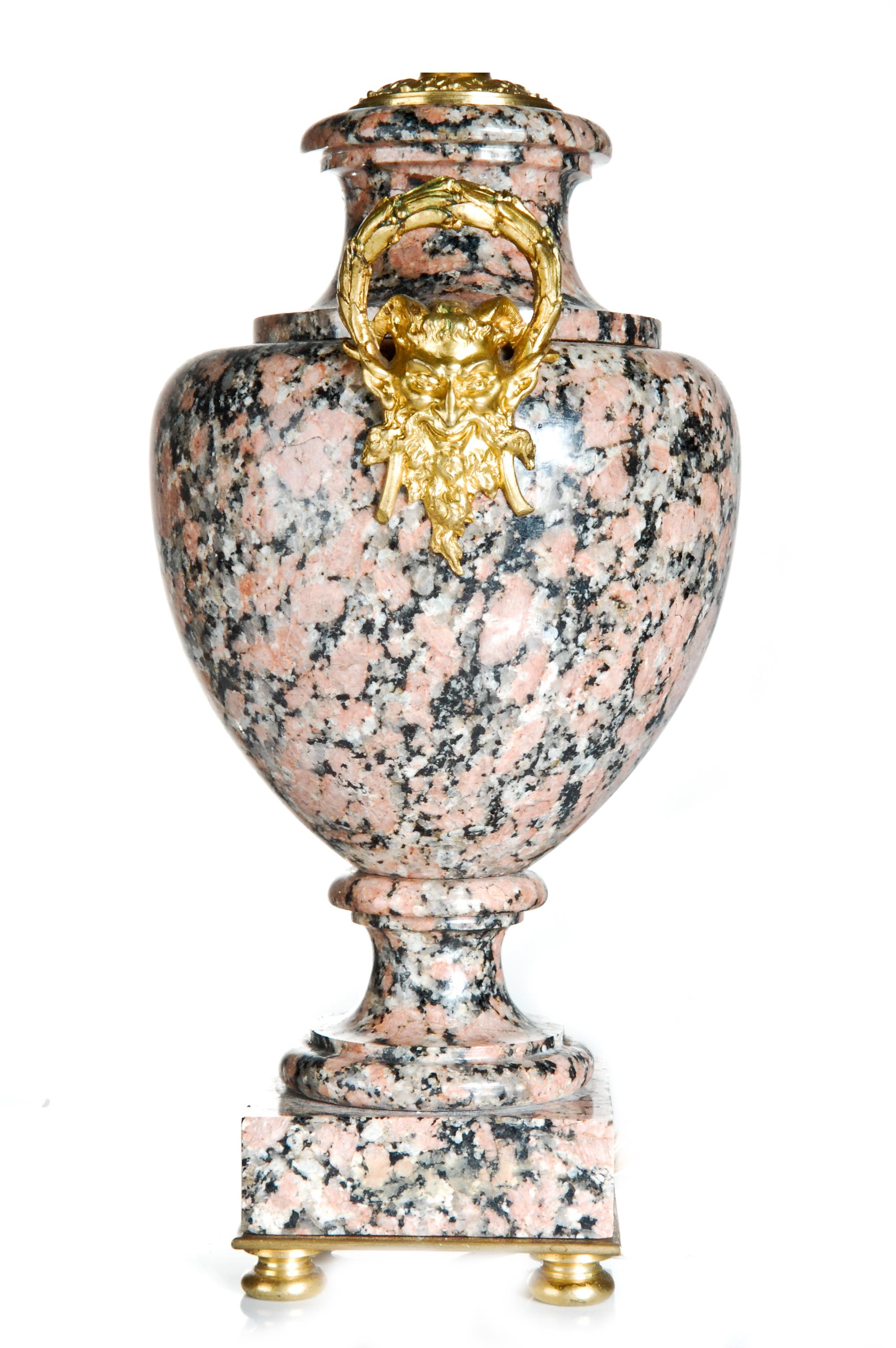 Pair of French Louis XVI Style Urn Form Gilt Bronze Mounted Granite Lamps In Good Condition For Sale In New York, NY