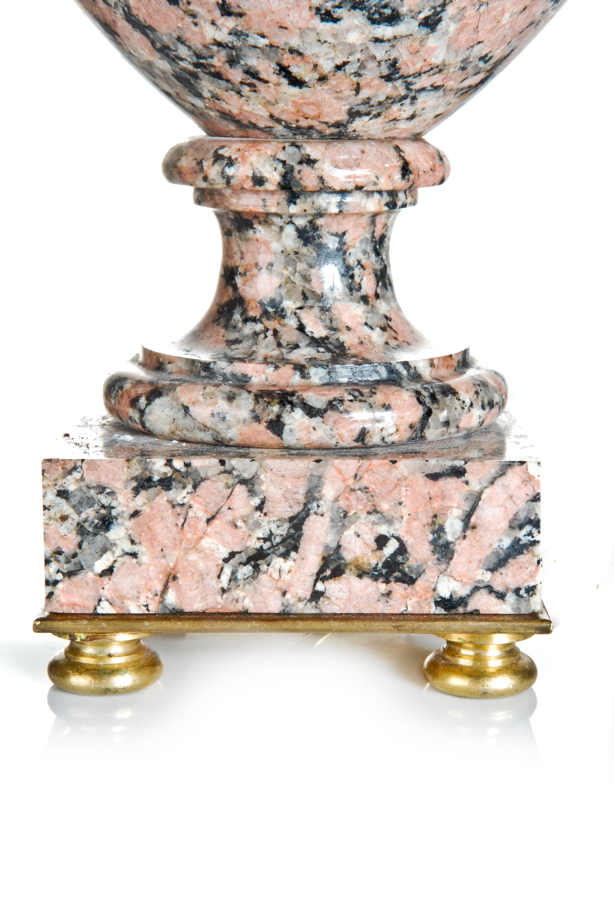 20th Century Pair of French Louis XVI Style Urn Form Gilt Bronze Mounted Granite Lamps For Sale