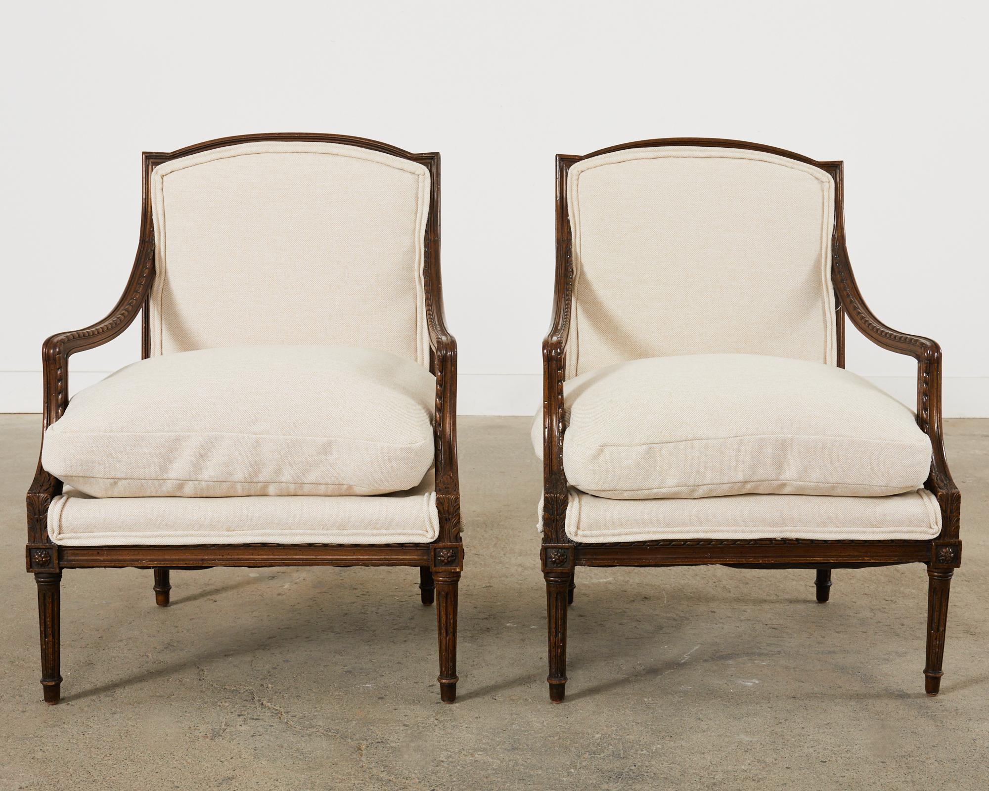 Pair of French Louis XVI Style Walnut Armchairs In Good Condition For Sale In Rio Vista, CA
