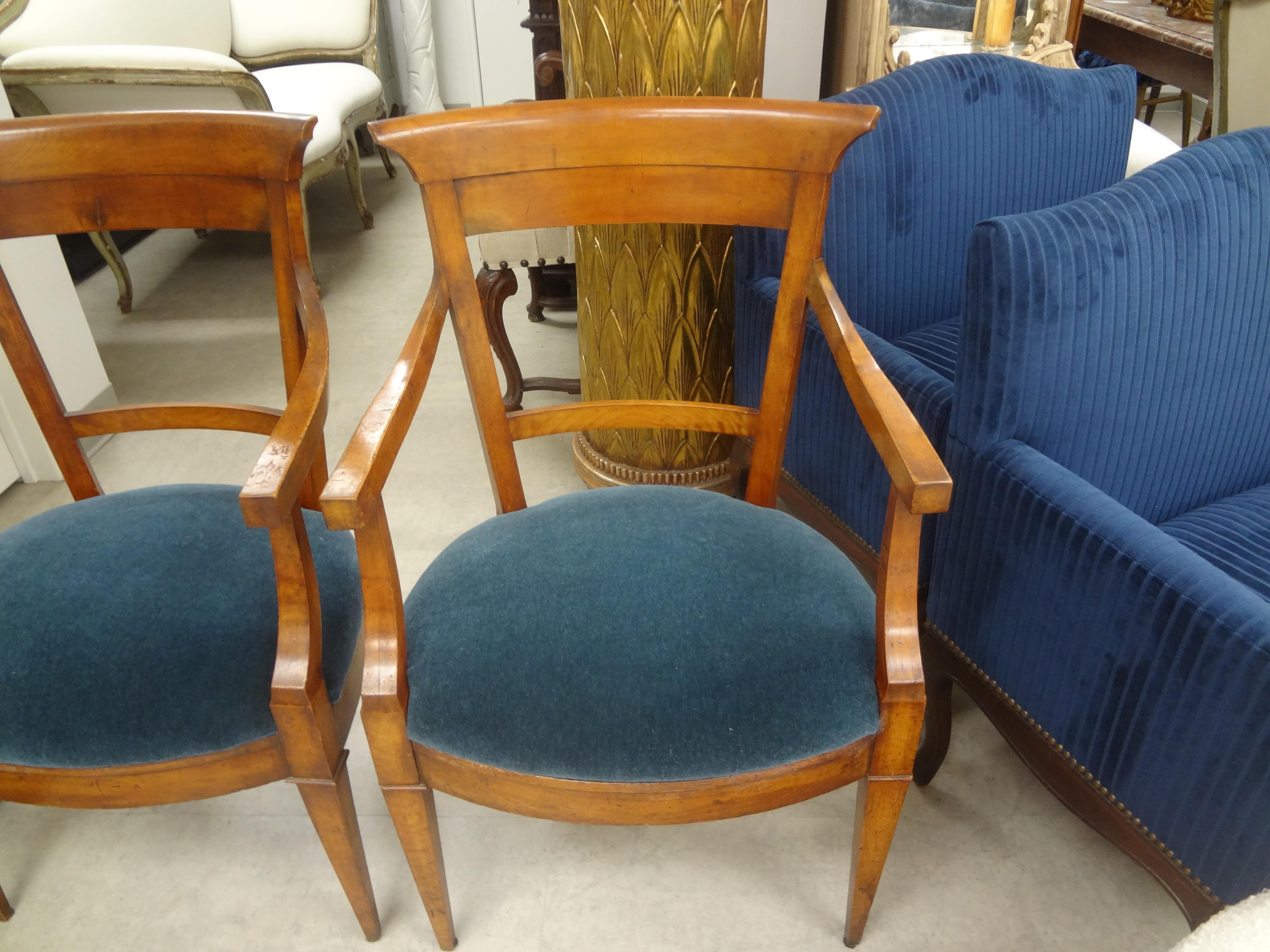 Mohair Pair of French Louis XVI Style Walnut Armchairs or Side Chairs For Sale
