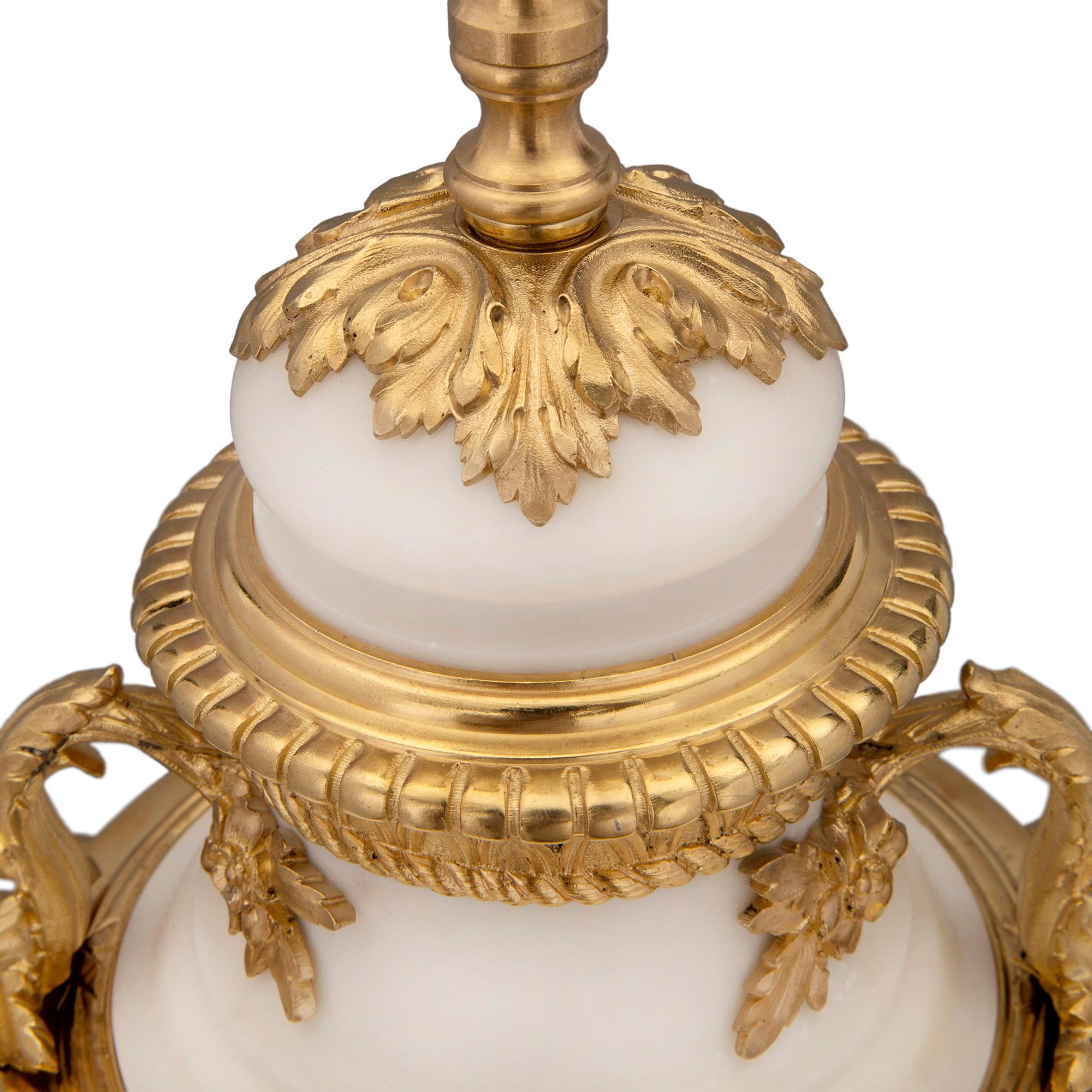 Pair of French Louis XVI Style White Carrara Marble and Ormolu Lamps For Sale 2