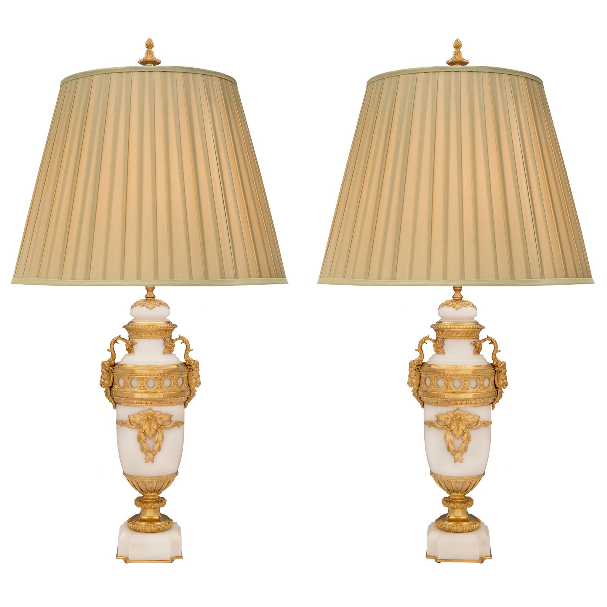 Pair of French Louis XVI Style White Carrara Marble and Ormolu Lamps For Sale