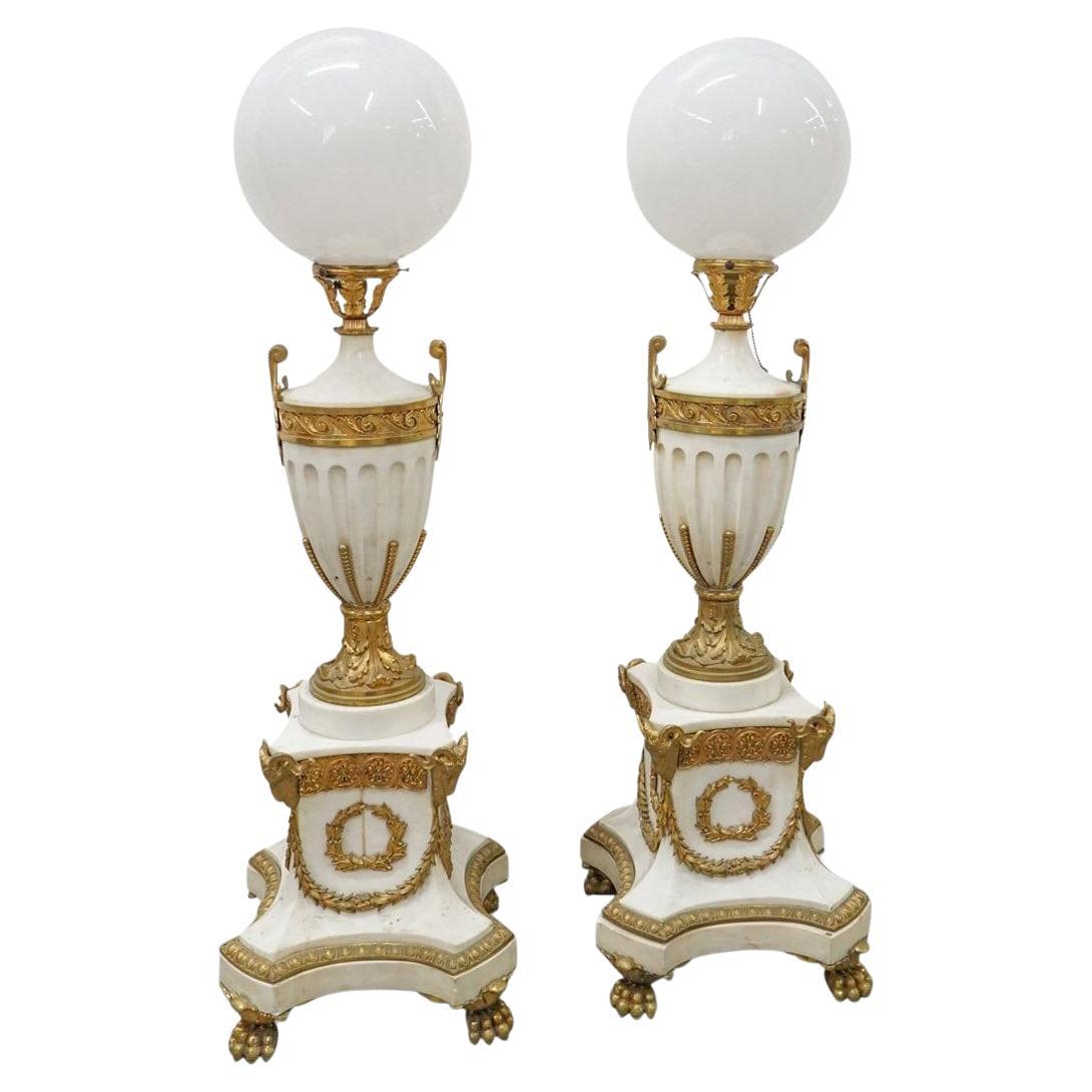Pair of French Louis XVI Style White Marble and Bronze Floor Lamp Torchieres For Sale