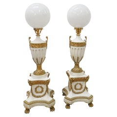 Pair of French Louis XVI Style White Marble and Bronze Floor Lamp Torchieres