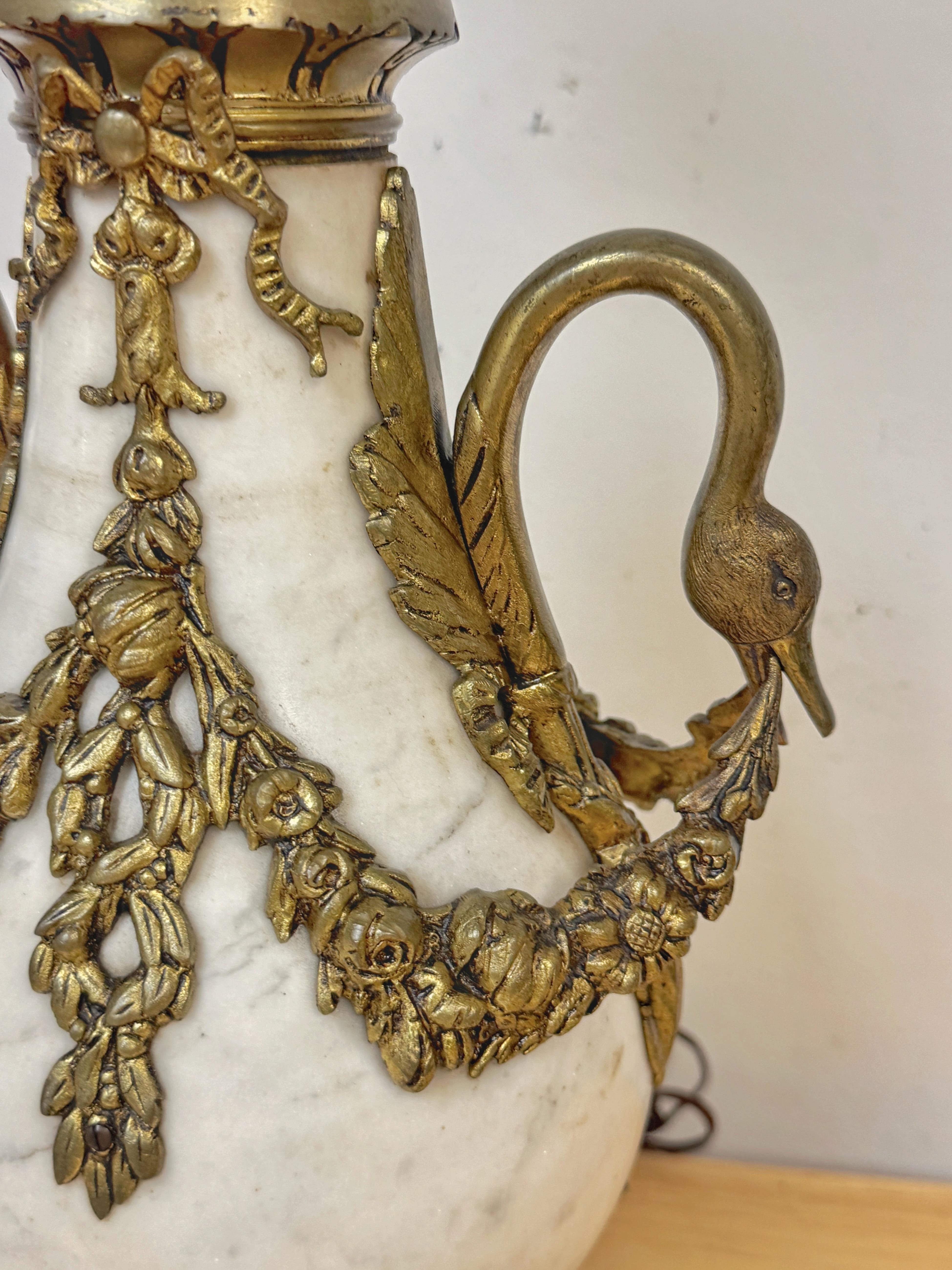 Pair of French Louis XVI Style White Marble & Gilt Bronze Swan-Handle Urn Lamps For Sale 5