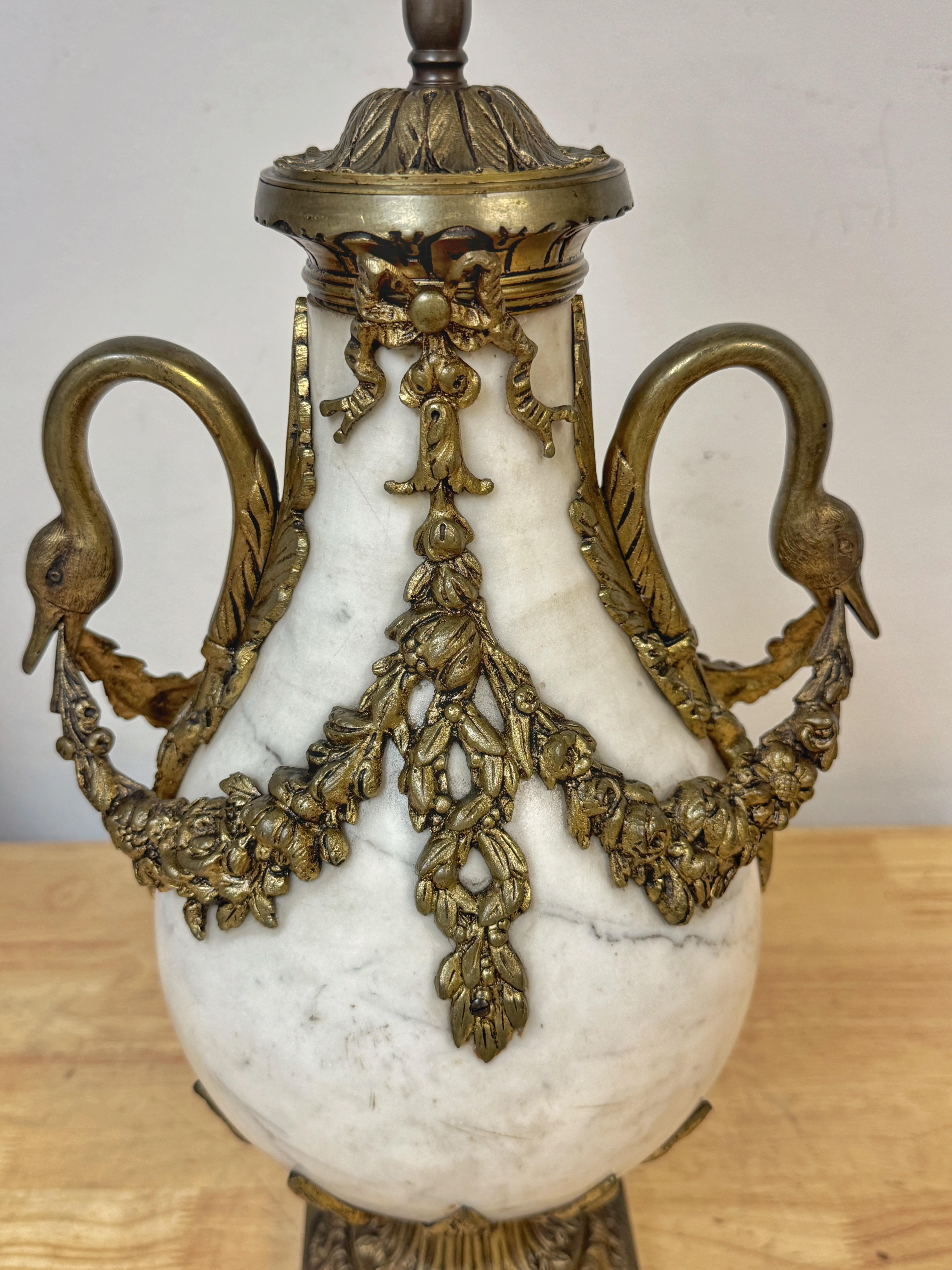Pair of French Louis XVI Style White Marble & Gilt Bronze Swan-Handle Urn Lamps For Sale 6