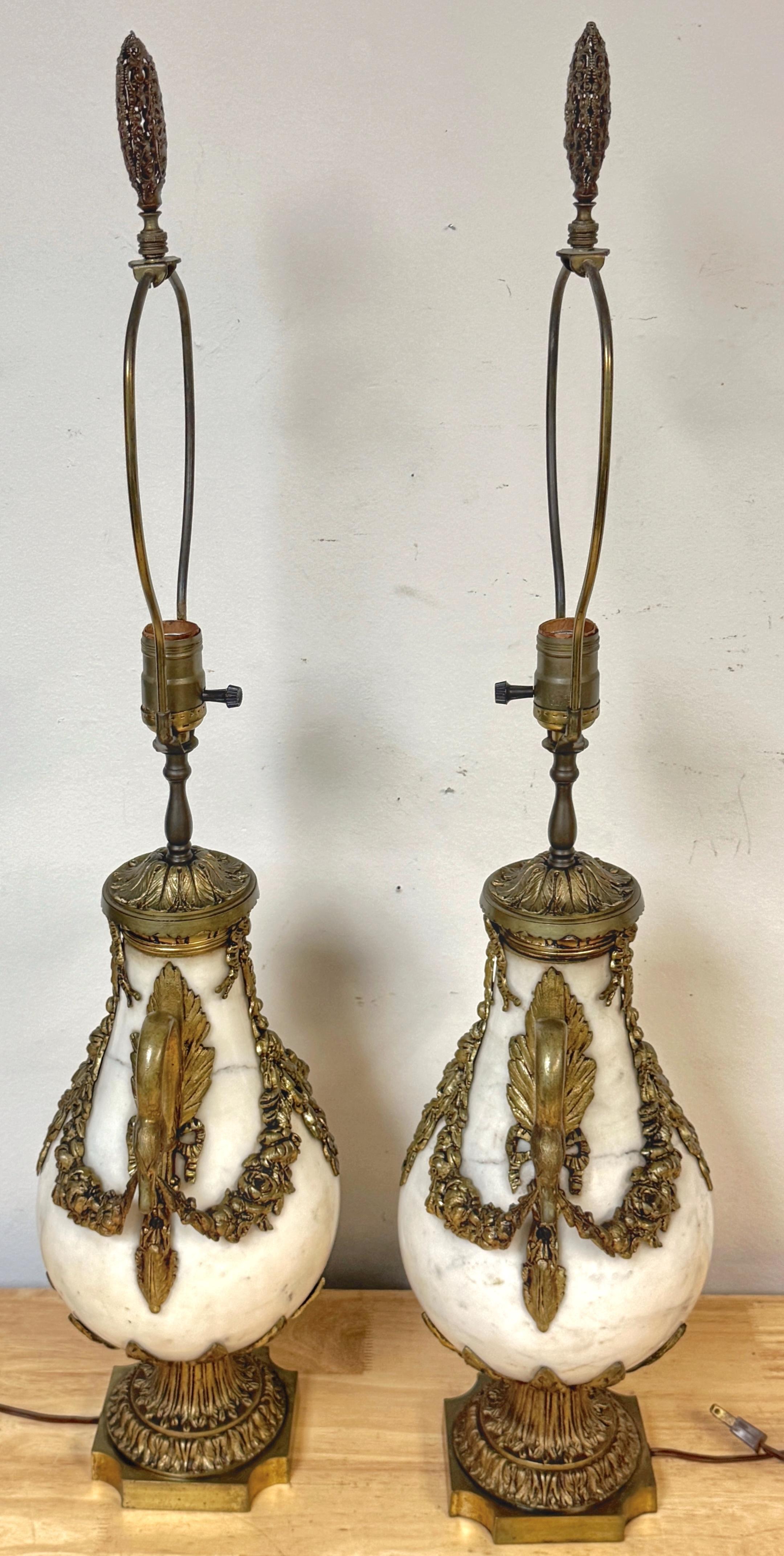 19th Century Pair of French Louis XVI Style White Marble & Gilt Bronze Swan-Handle Urn Lamps For Sale
