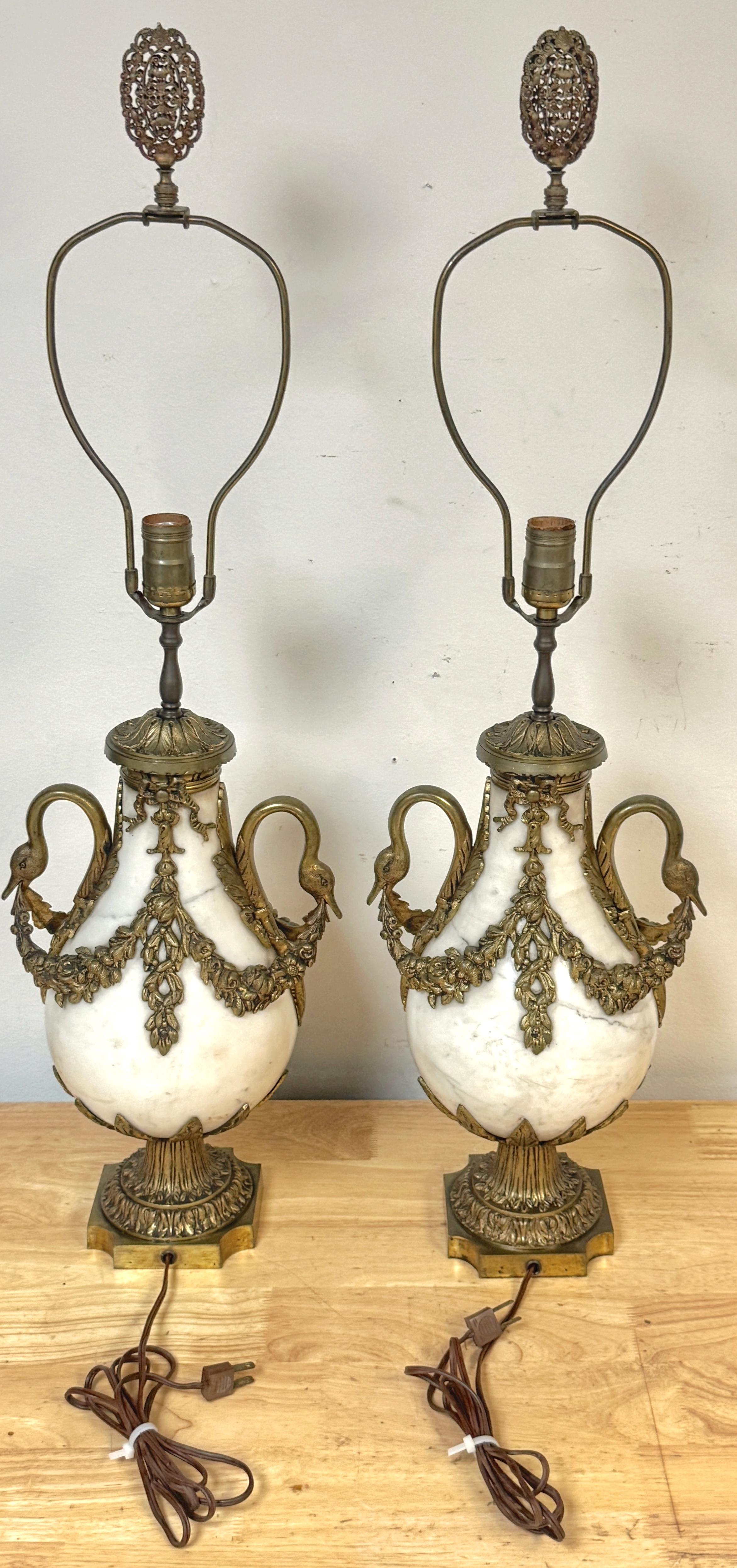 Ormolu Pair of French Louis XVI Style White Marble & Gilt Bronze Swan-Handle Urn Lamps For Sale