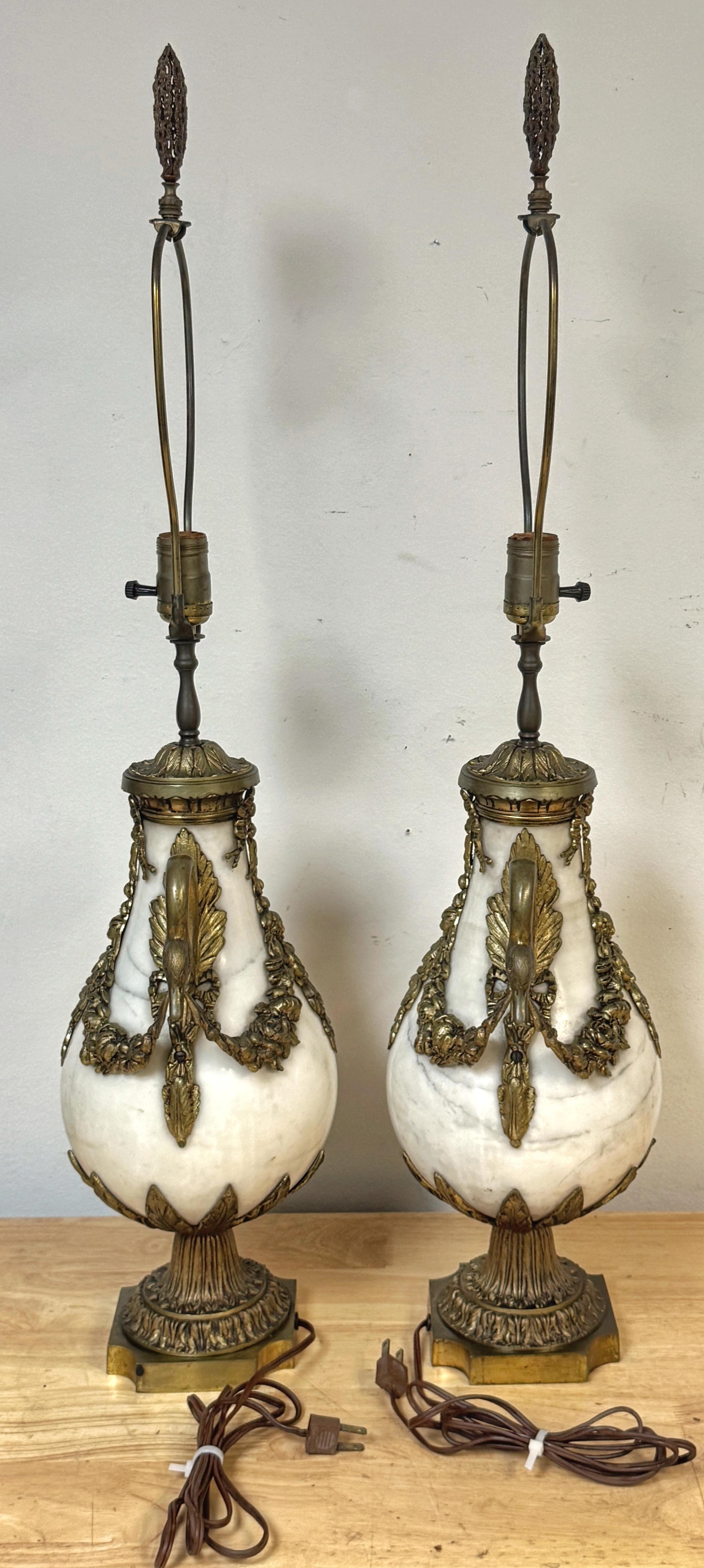 Pair of French Louis XVI Style White Marble & Gilt Bronze Swan-Handle Urn Lamps For Sale 1