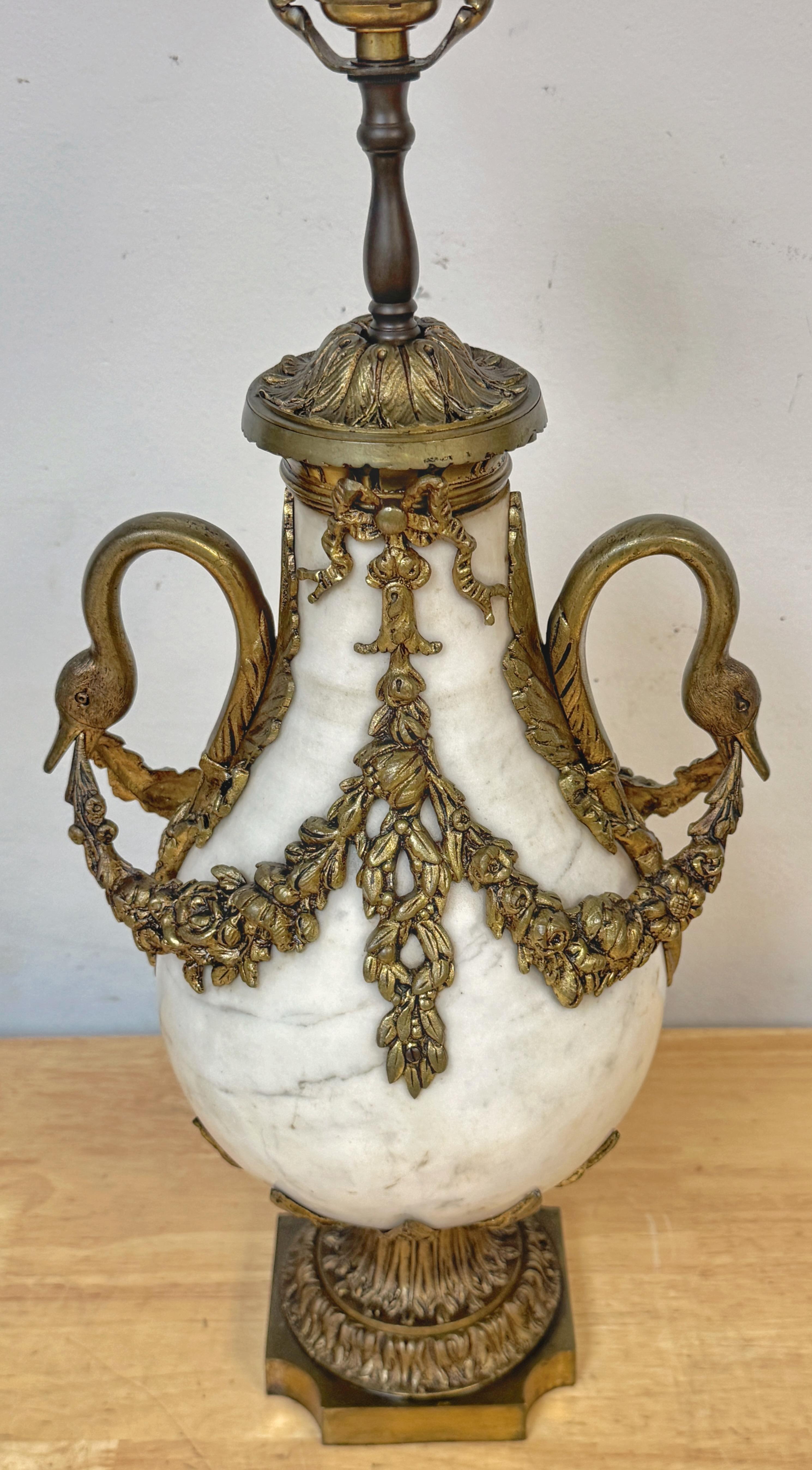 Pair of French Louis XVI Style White Marble & Gilt Bronze Swan-Handle Urn Lamps For Sale 2