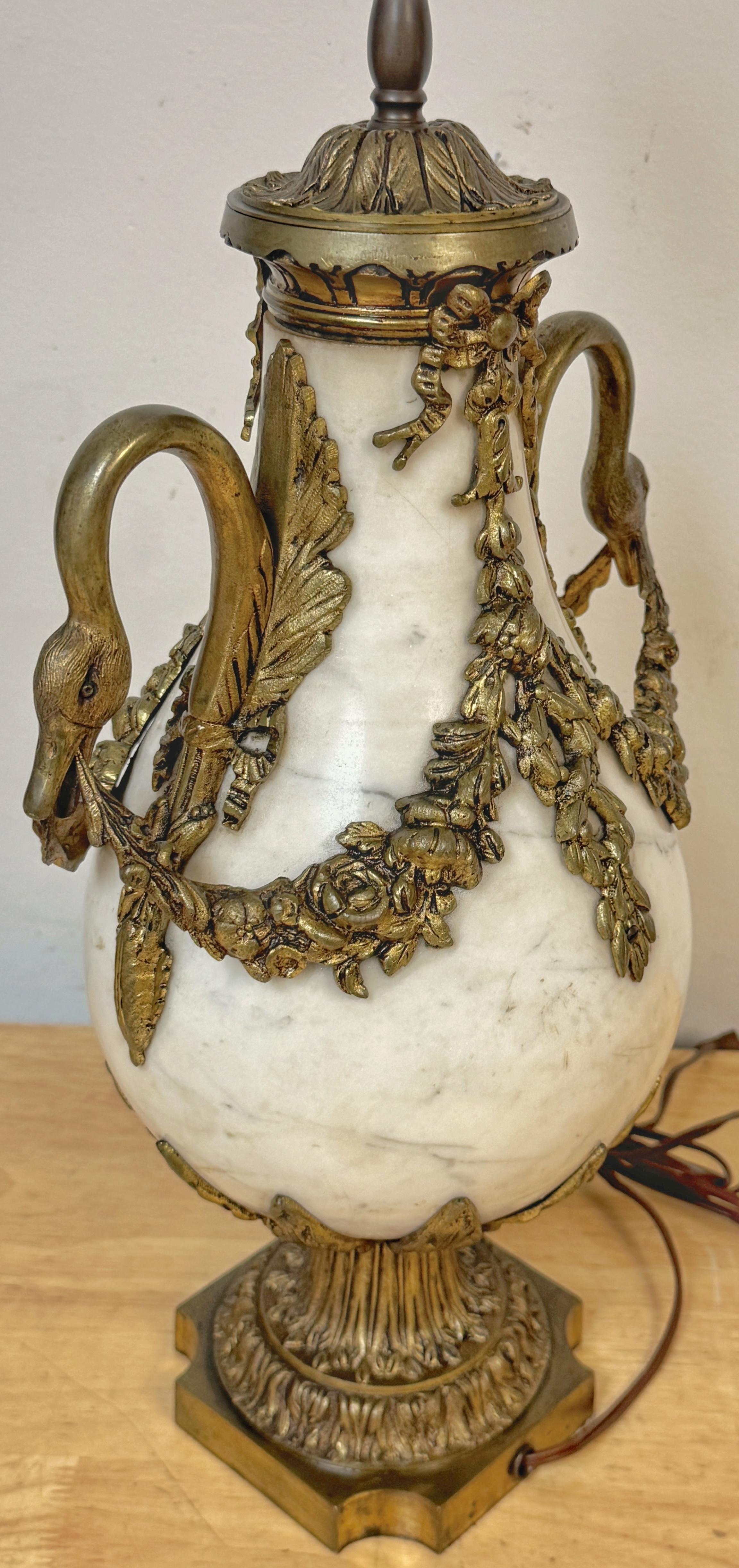 Pair of French Louis XVI Style White Marble & Gilt Bronze Swan-Handle Urn Lamps For Sale 3