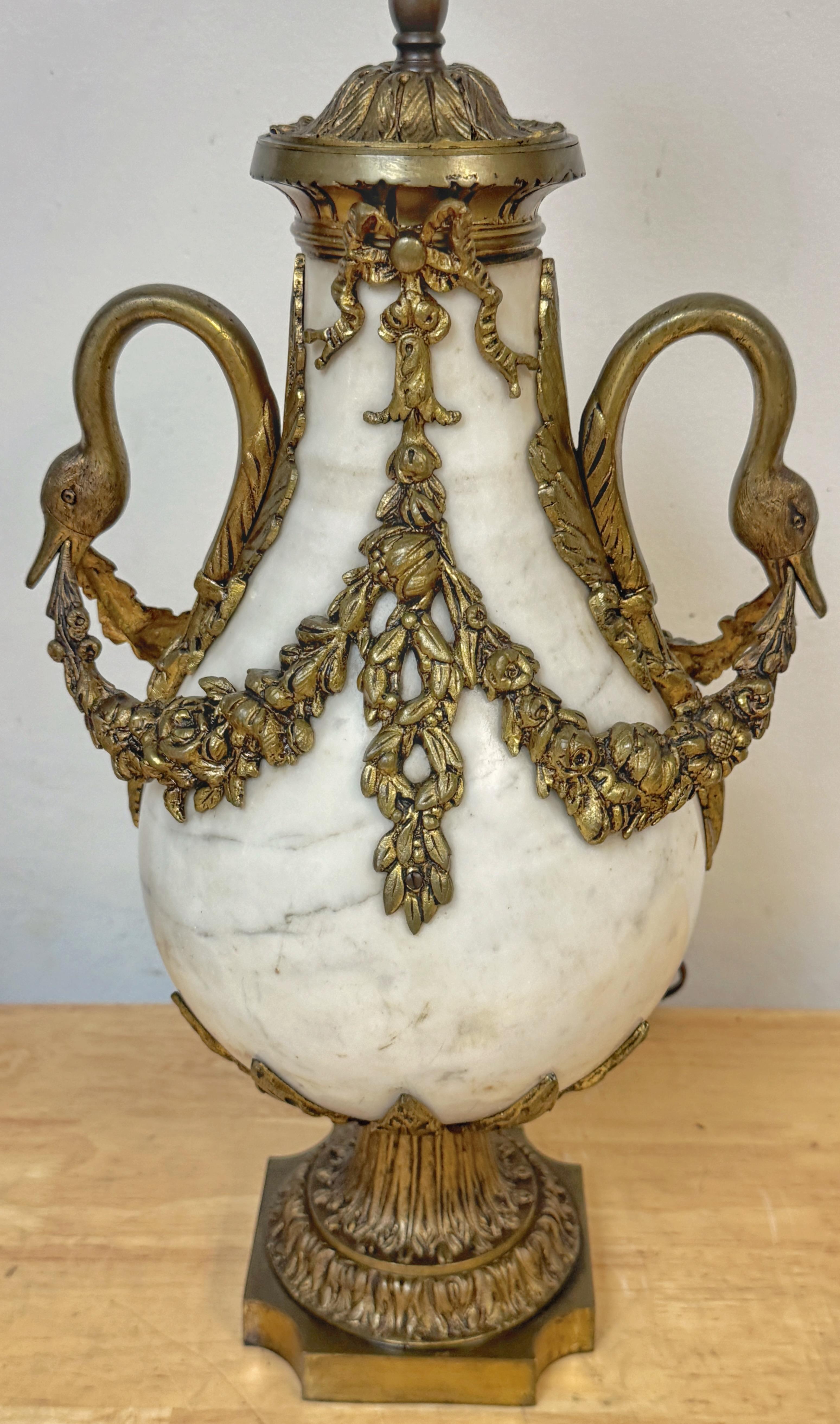 Pair of French Louis XVI Style White Marble & Gilt Bronze Swan-Handle Urn Lamps For Sale 4