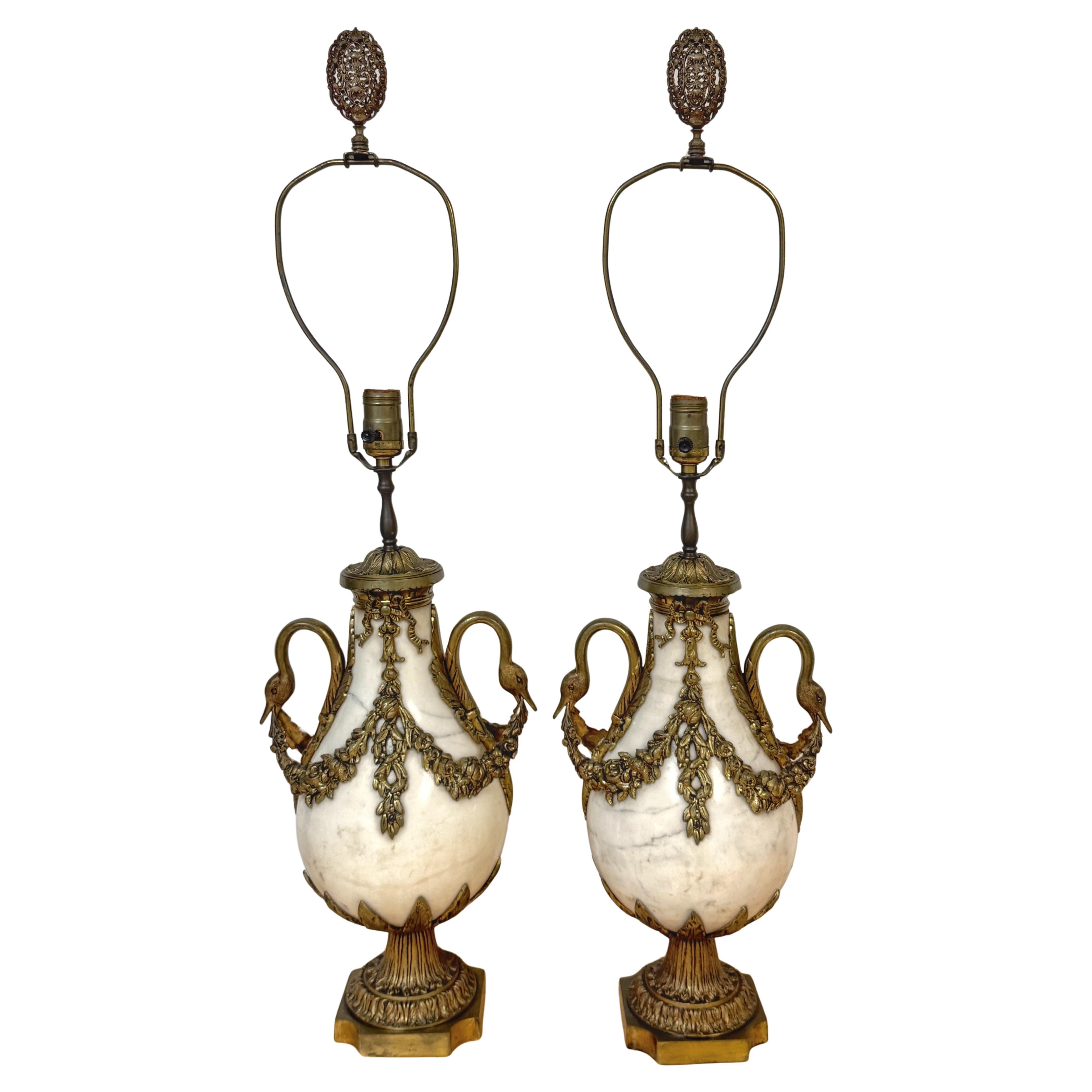 Pair of French Louis XVI Style White Marble & Gilt Bronze Swan-Handle Urn Lamps For Sale