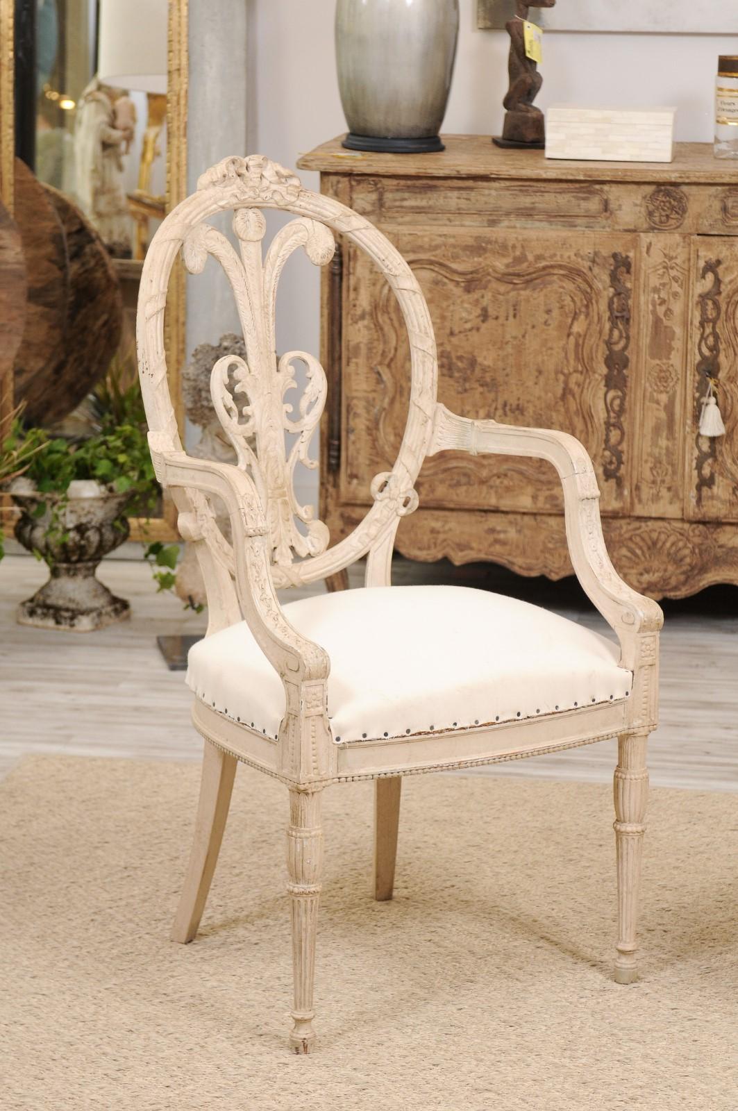 Pair of French Louis XVI Style White Painted Oval Back Armchairs with Upholstery 5