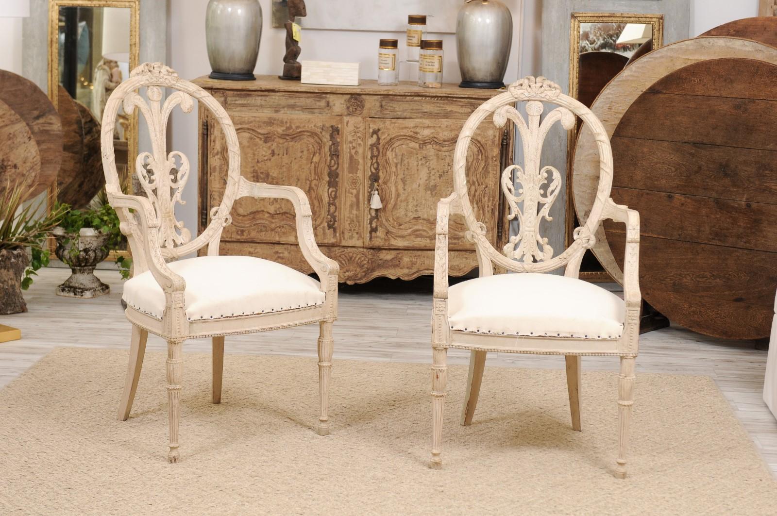 Pair of French Louis XVI Style White Painted Oval Back Armchairs with Upholstery 6