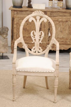 Pair of French Louis XVI Style White Painted Oval Back Armchairs with Upholstery