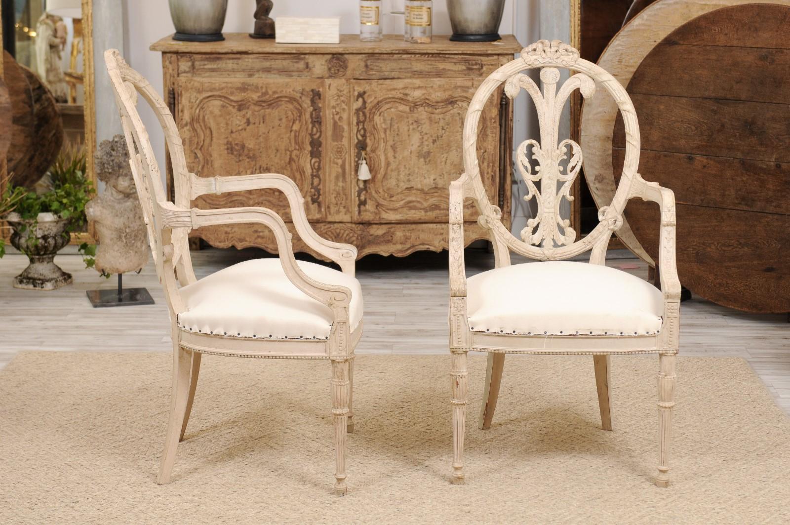 Pair of French Louis XVI Style White Painted Oval Back Armchairs with Upholstery 3