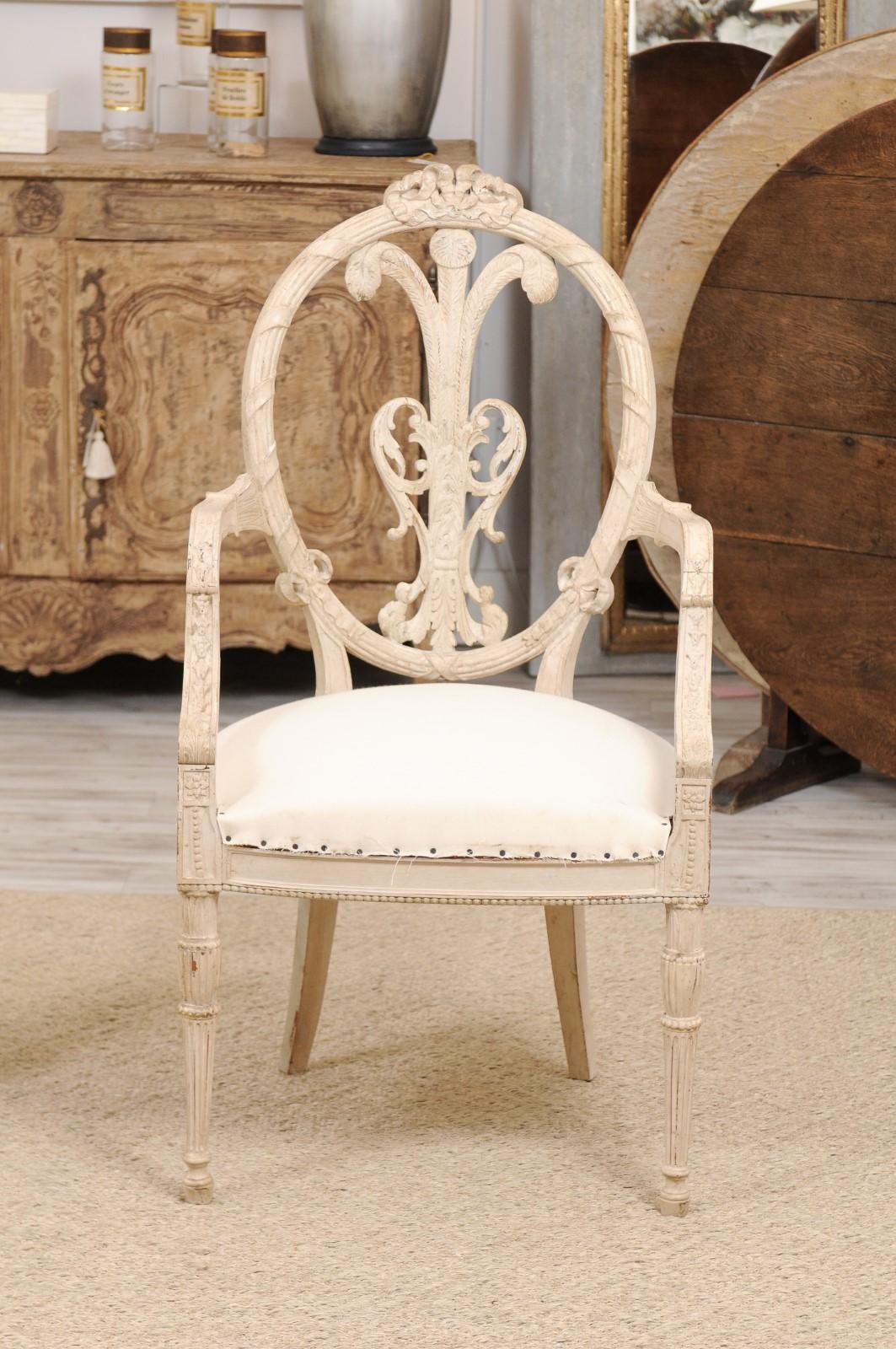 Pair of French Louis XVI Style White Painted Oval Back Armchairs with Upholstery 4