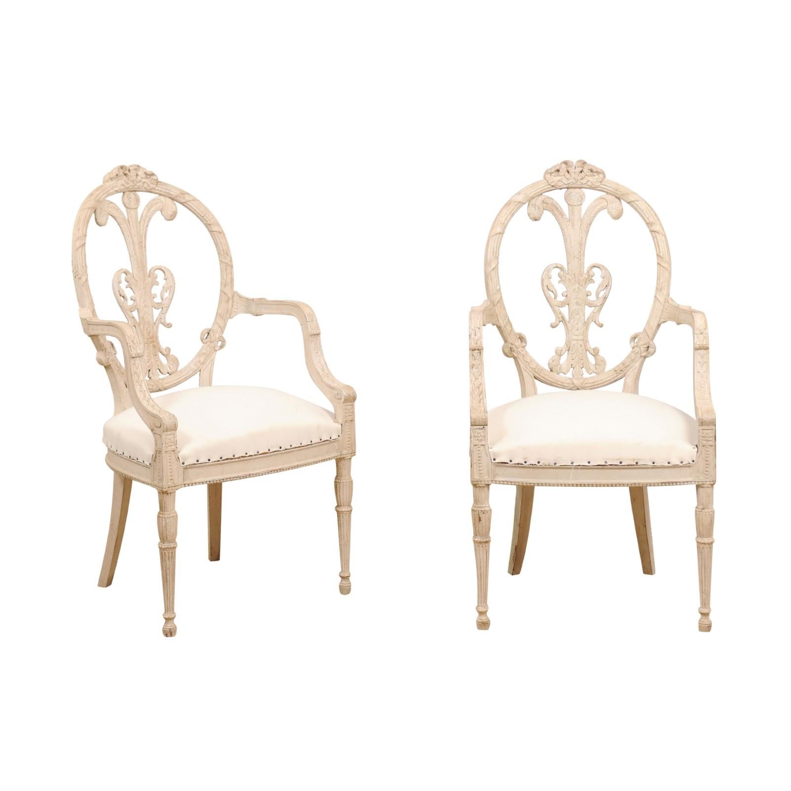 Pair of French Louis XVI Style White Painted Oval Back Armchairs with Upholstery