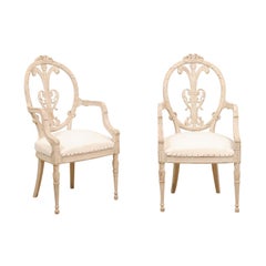 Pair of French Louis XVI Style White Painted Oval Back Armchairs with Upholstery