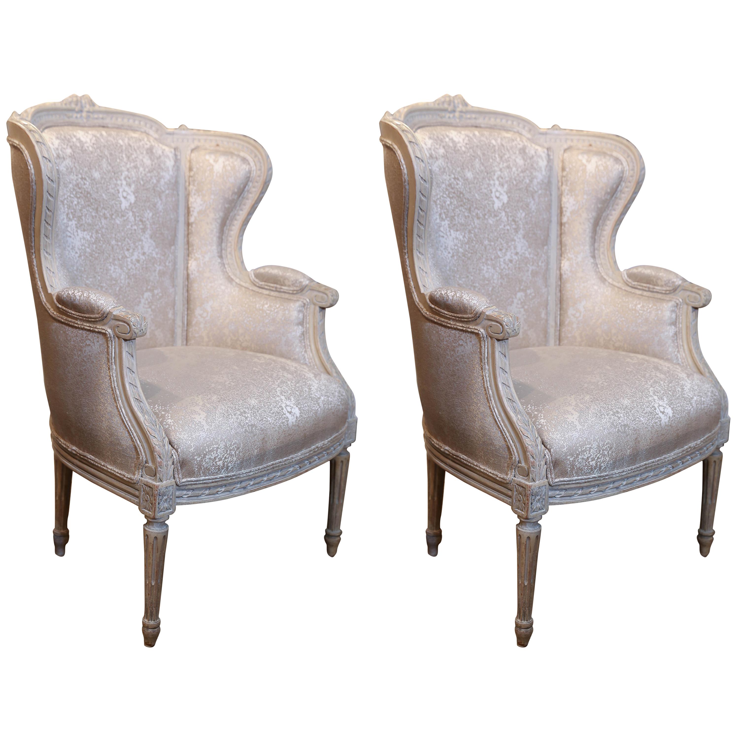 Pair of French Louis XVI Style Wing Back Chairs