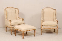 Pair of French Louis XVI Style Wood Wing-Back Bergère or Armchairs with Ottoman
