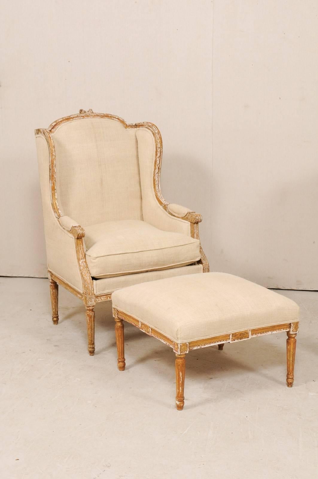 Carved Pair of French Louis XVI Style Wood Wing-Back Bergère or Armchairs with Ottoman