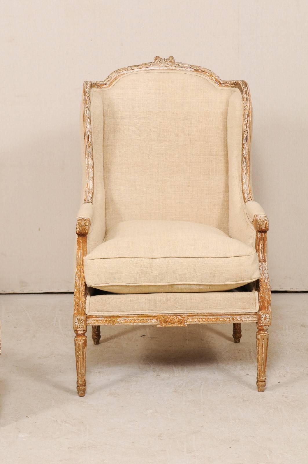 Pair of French Louis XVI Style Wood Wing-Back Bergère or Armchairs with Ottoman In Good Condition In Atlanta, GA