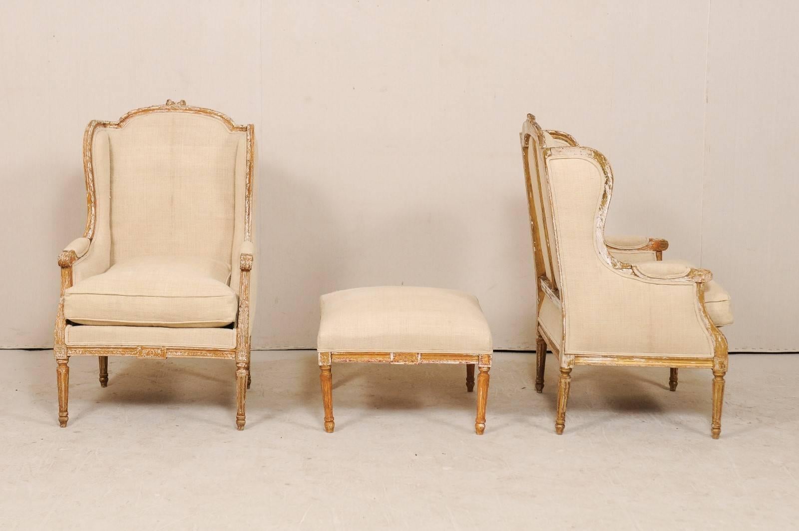Upholstery Pair of French Louis XVI Style Wood Wing-Back Bergère or Armchairs with Ottoman