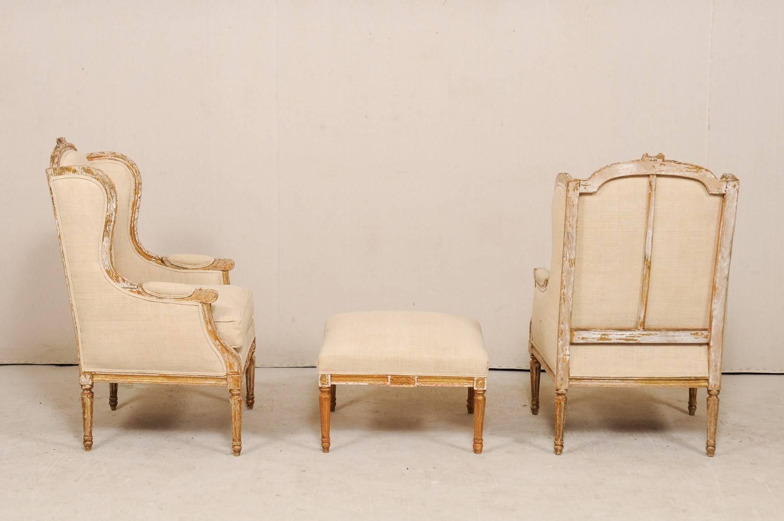 Pair of French Louis XVI Style Wood Wing-Back Bergère or Armchairs with Ottoman 1