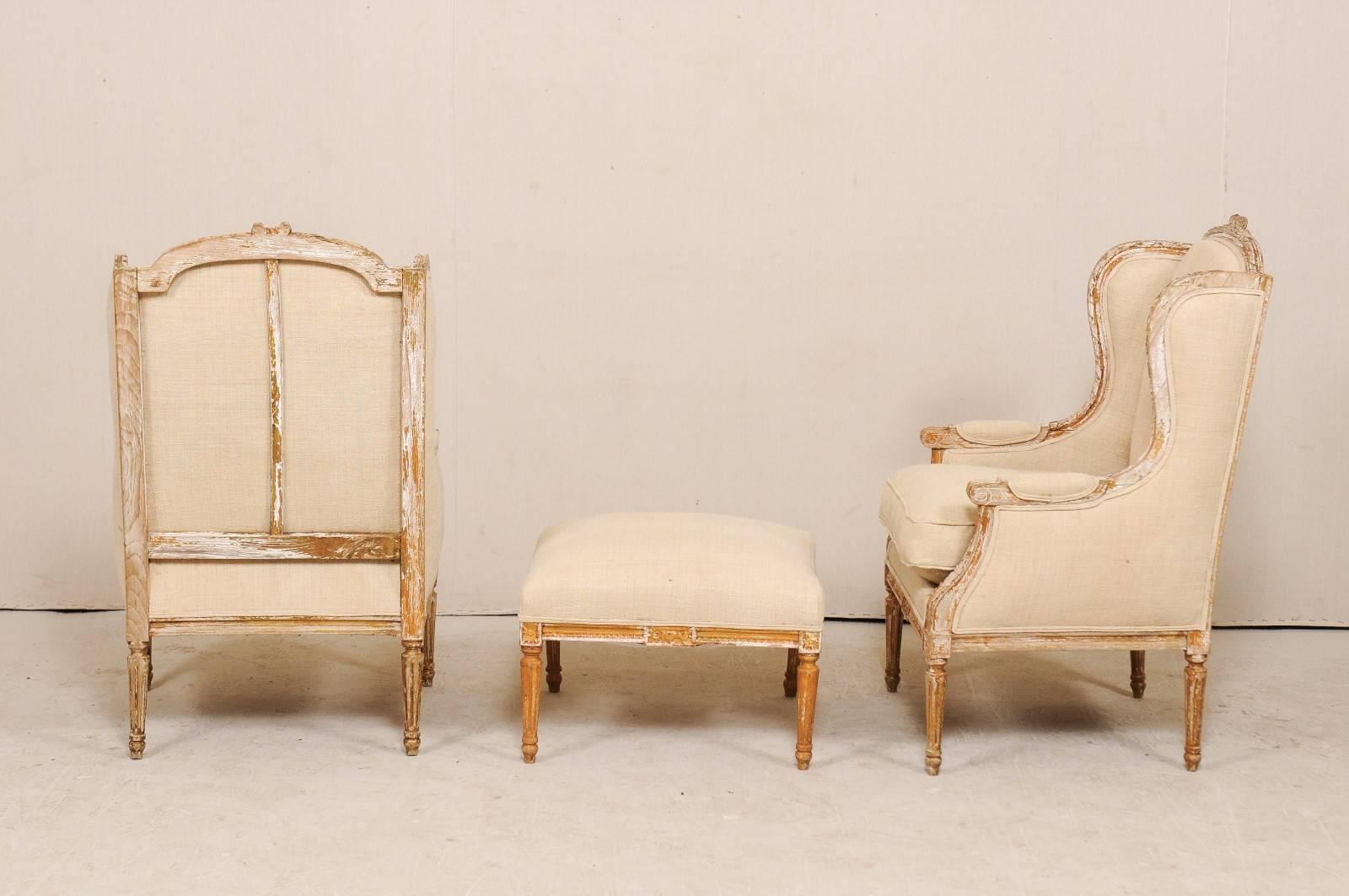Pair of French Louis XVI Style Wood Wing-Back Bergère or Armchairs with Ottoman 2