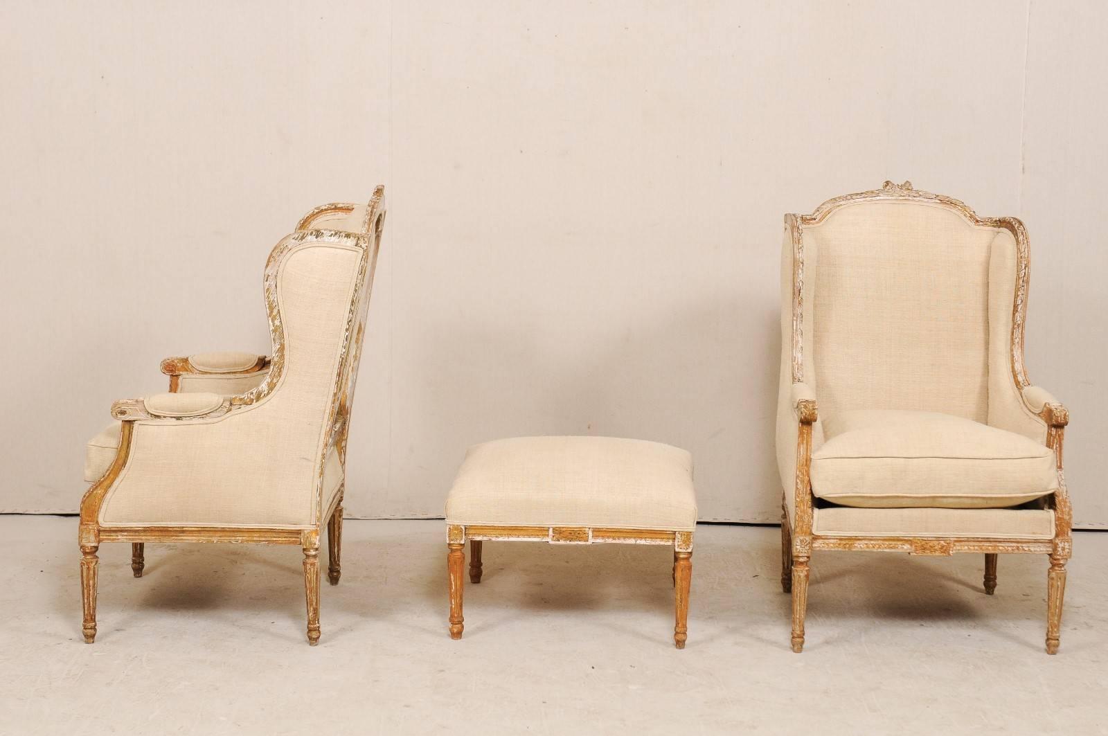 Pair of French Louis XVI Style Wood Wing-Back Bergère or Armchairs with Ottoman 3