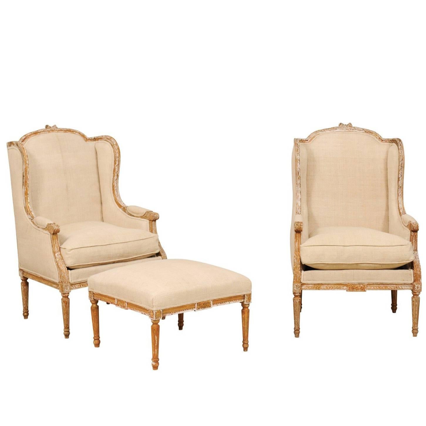 Pair of French Louis XVI Style Wood Wing-Back Bergère or Armchairs with Ottoman