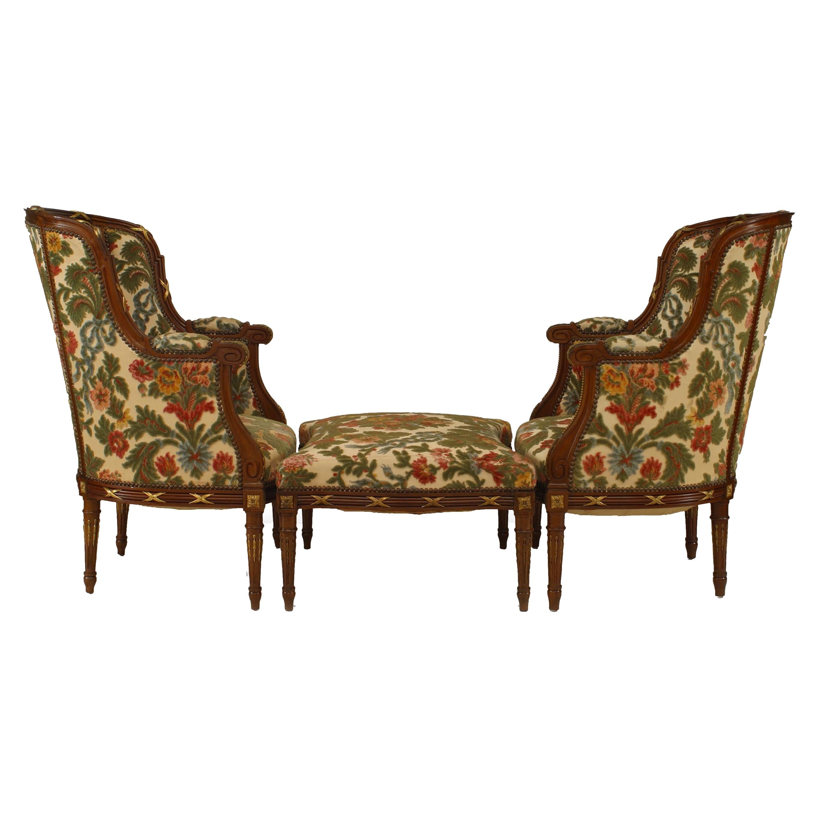 Pair of French Louis XVI Velvet Bergeres & Ottoman For Sale