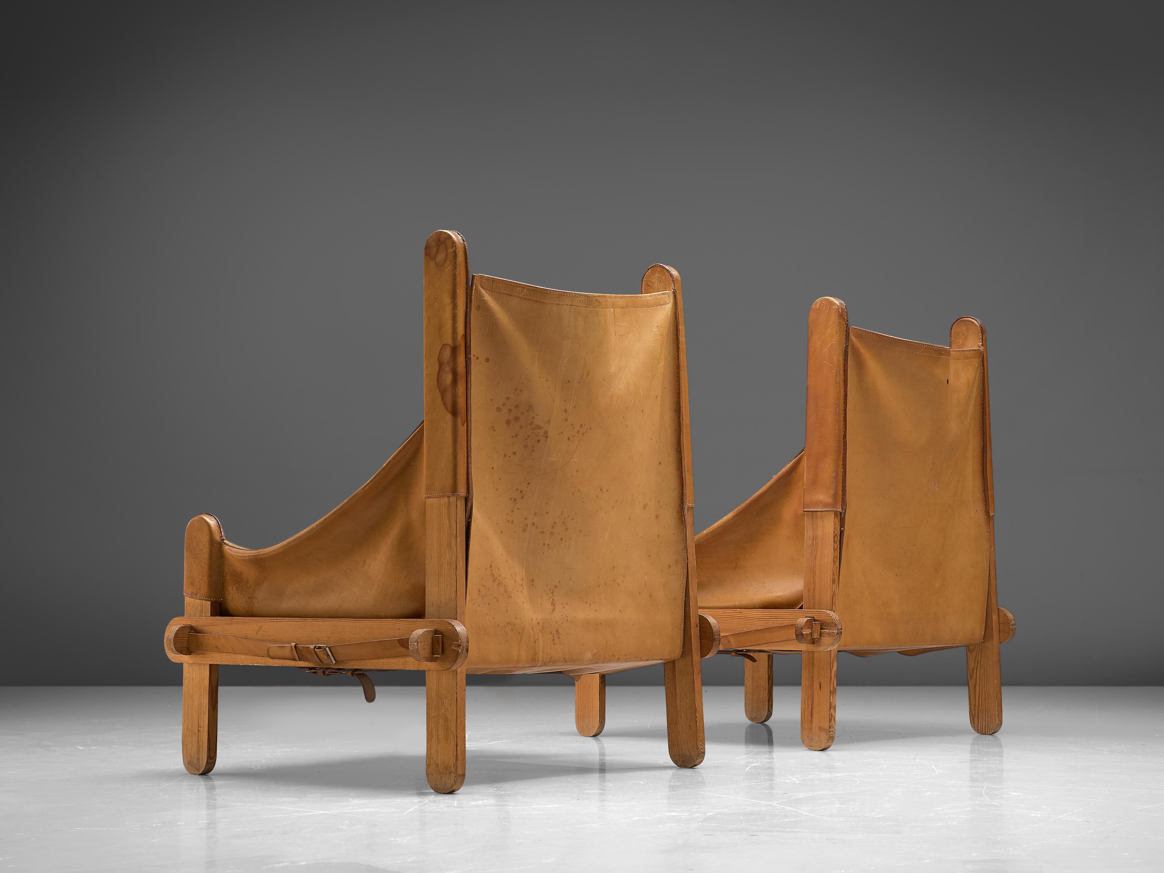 Wood Pair of French Lounge Chairs in Cognac Leather