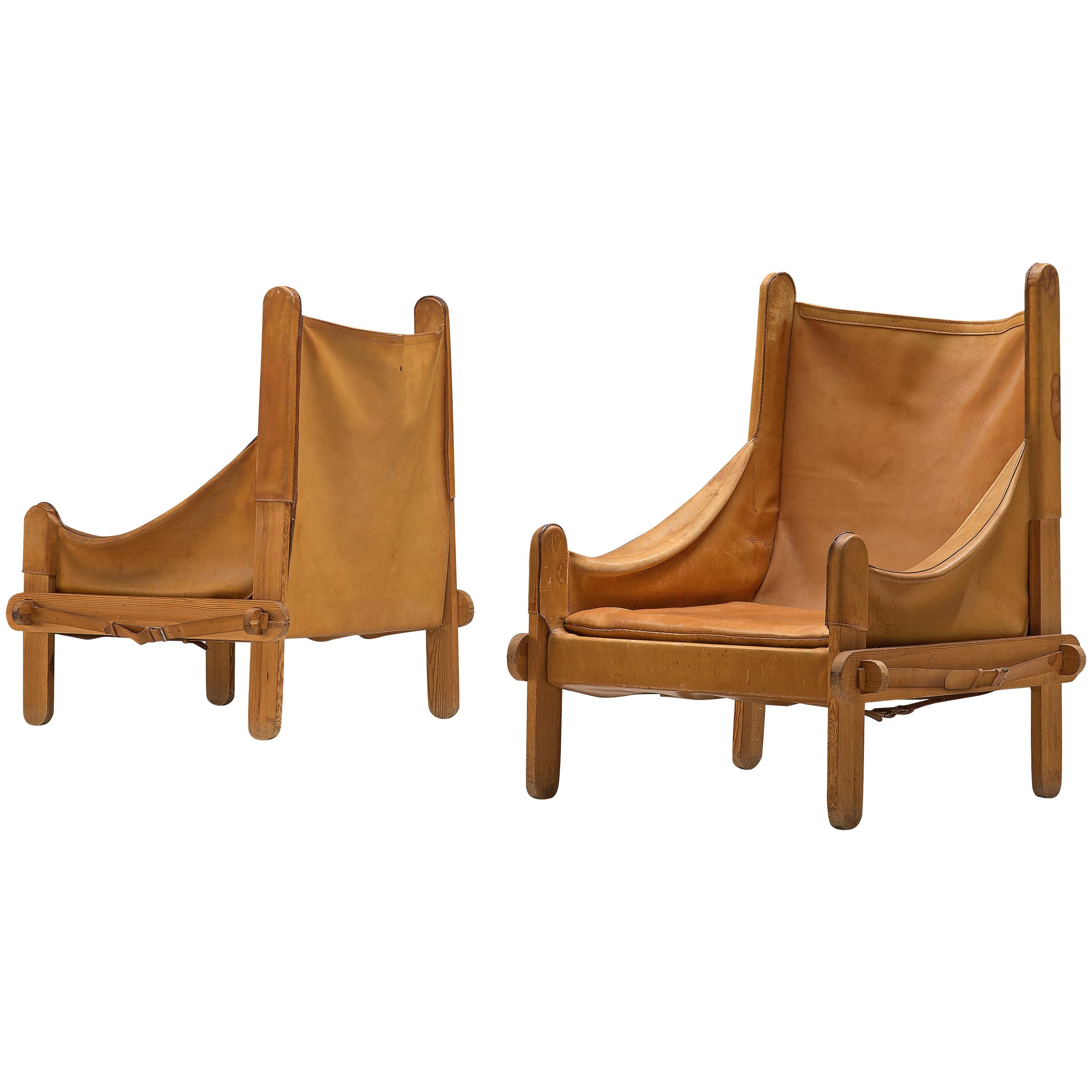 Pair of French Lounge Chairs in Cognac Leather