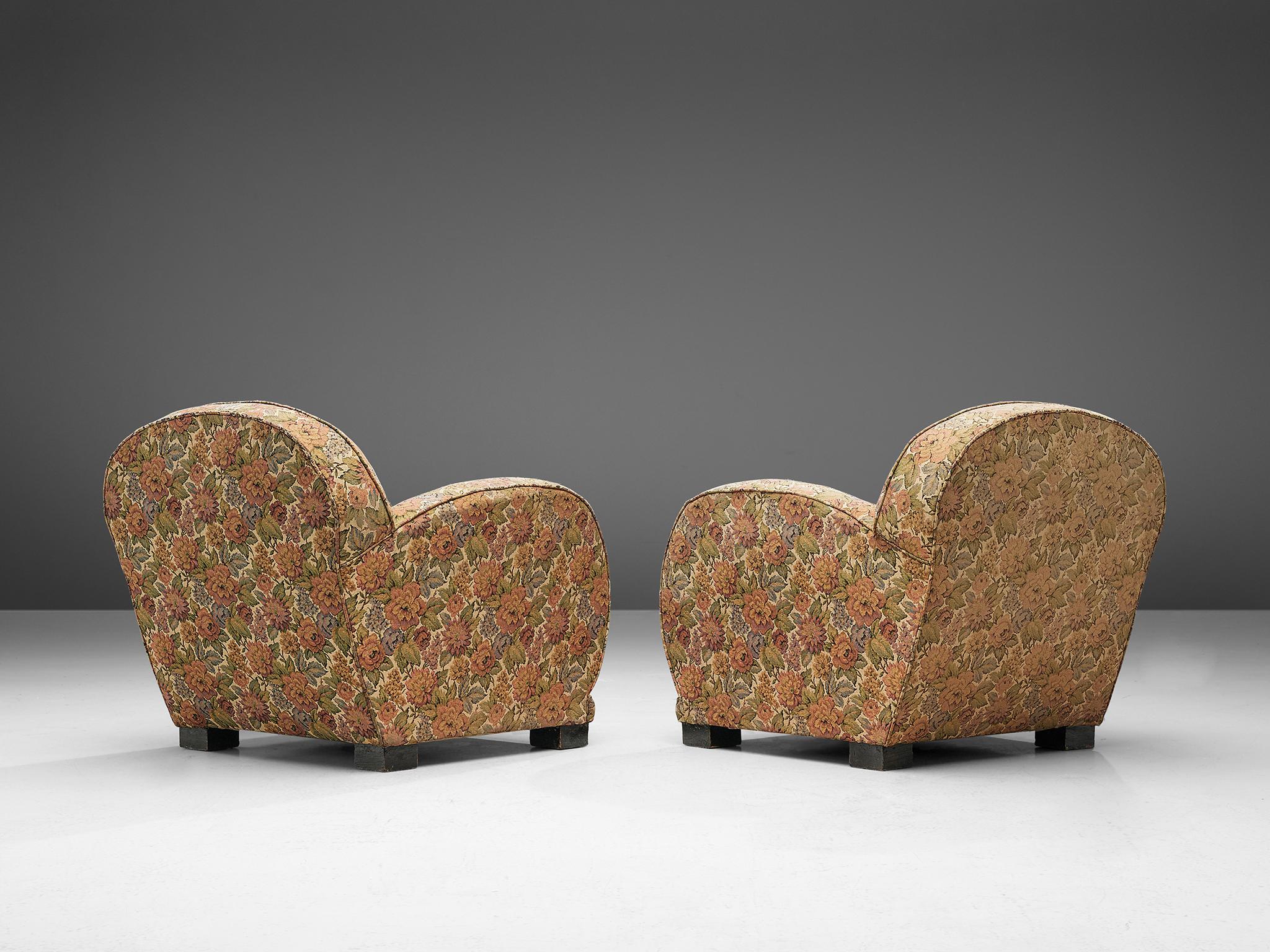 Italian Pair of French Lounge Chairs in Floral Fabric
