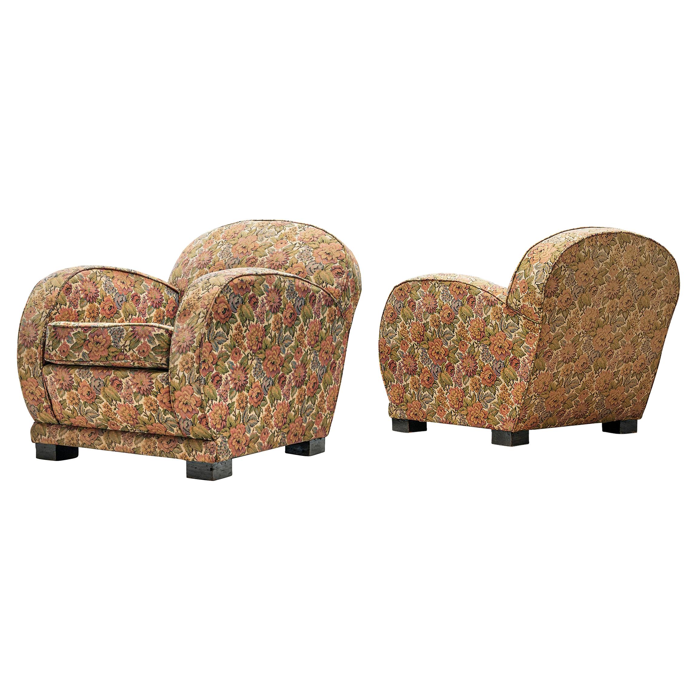 Pair of French Lounge Chairs in Floral Fabric
