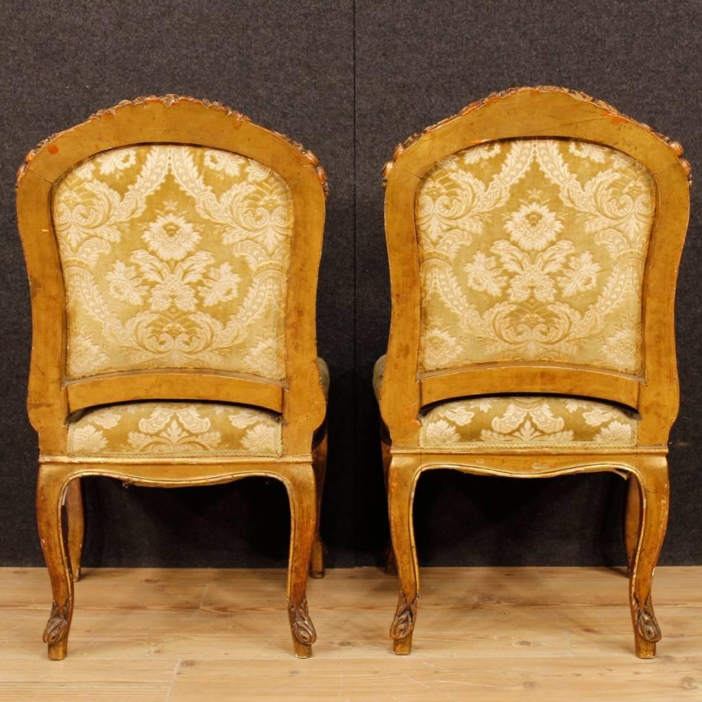 Pair of French Lounge Chairs in Giltwood and Damask Velvet from 20th Century 1