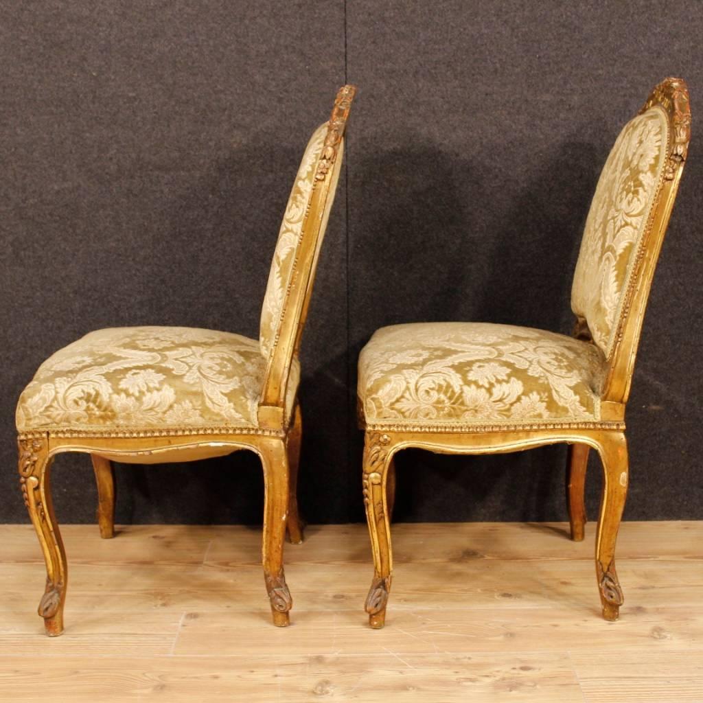 Pair of French Lounge Chairs in Giltwood and Damask Velvet from 20th Century 2