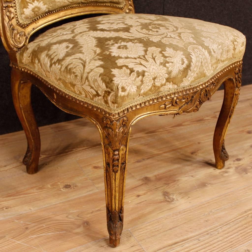 Pair of French Lounge Chairs in Giltwood and Damask Velvet from 20th Century 4