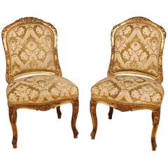 Pair of French Lounge Chairs in Giltwood and Damask Velvet from 20th Century