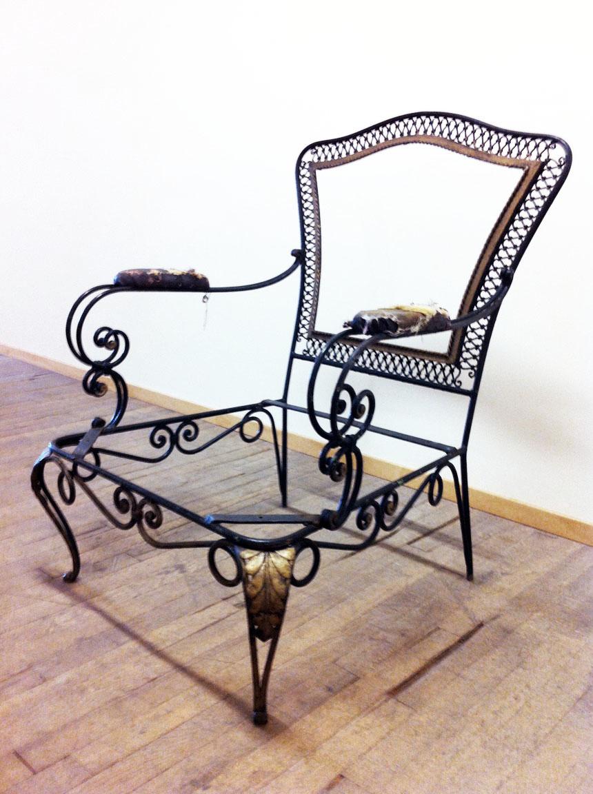 Wrought Iron Pair of French Lounge Chairs in Manner of Rene Prou, 1940s For Sale