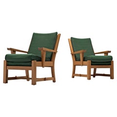 Pair of French Lounge Chairs in Oak and Green Upholstery