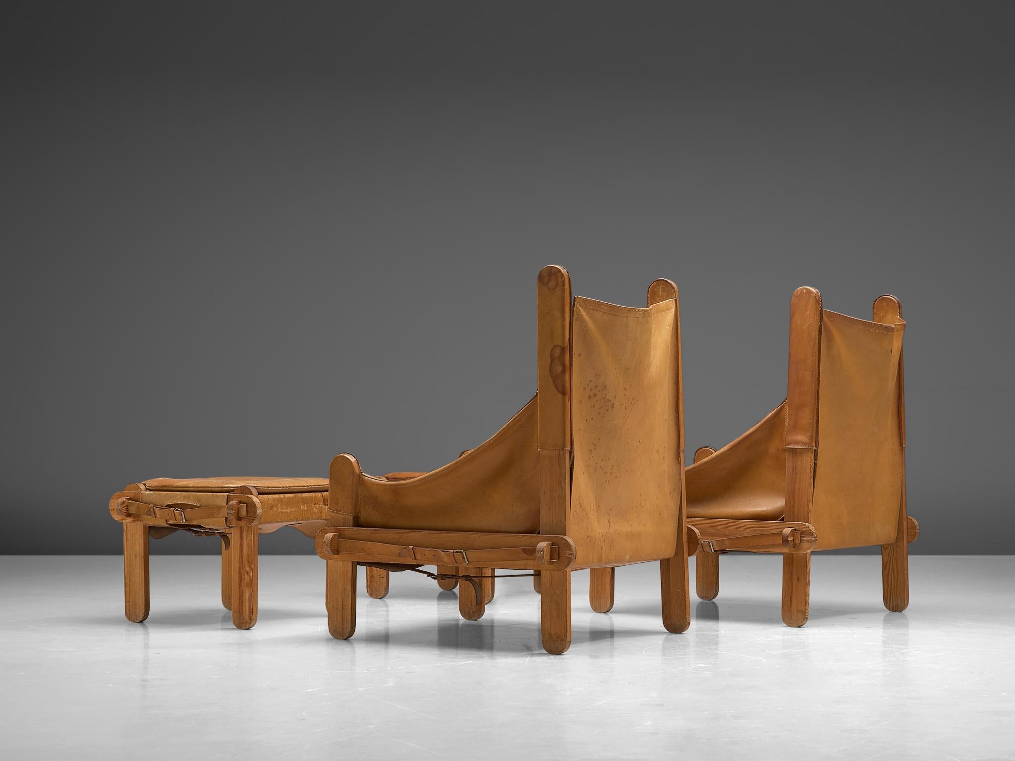 Pair of French Lounge Chairs in Patinated Cognac Leather 5