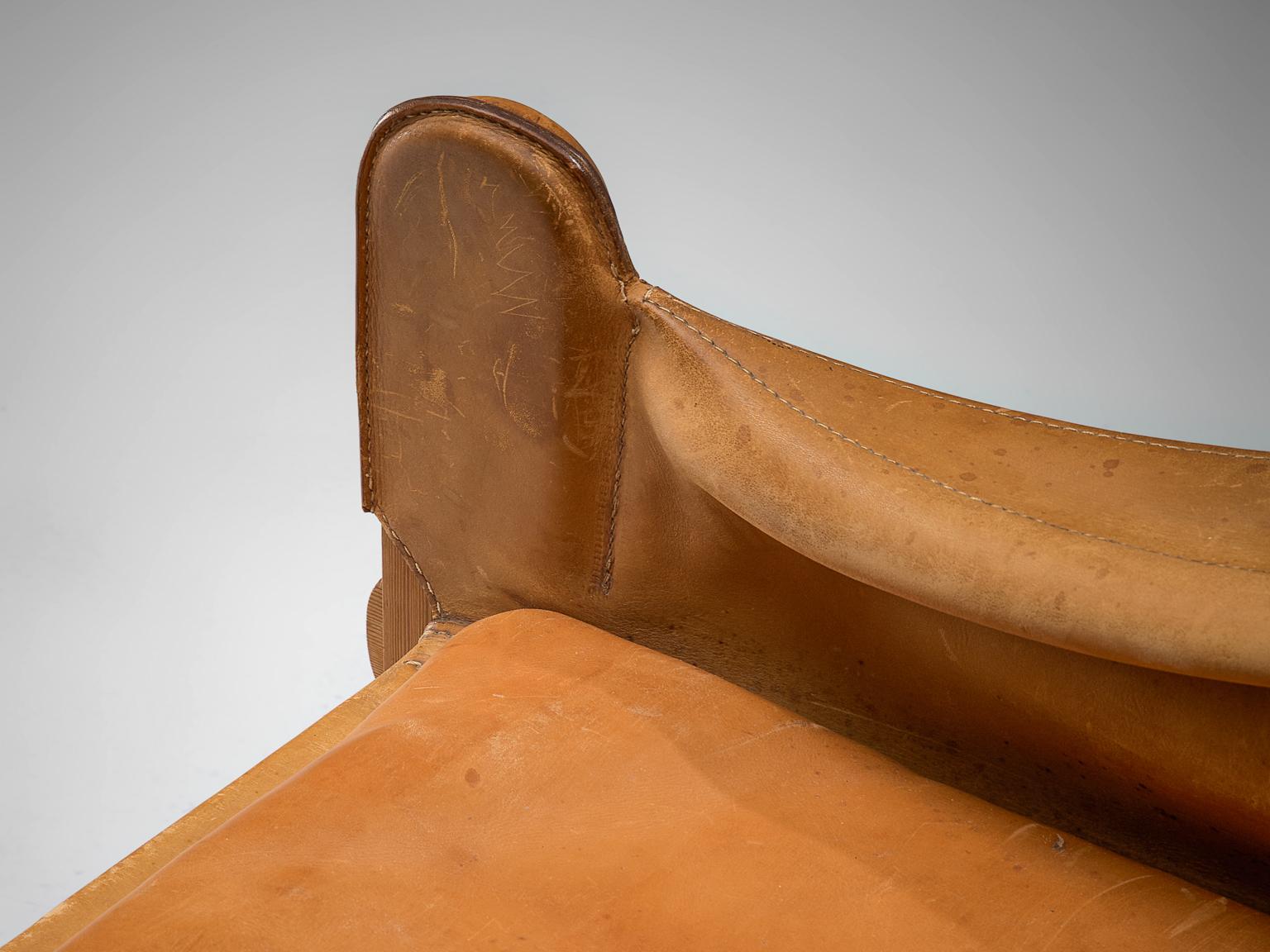 Pair of French Lounge Chairs in Patinated Cognac Leather 2