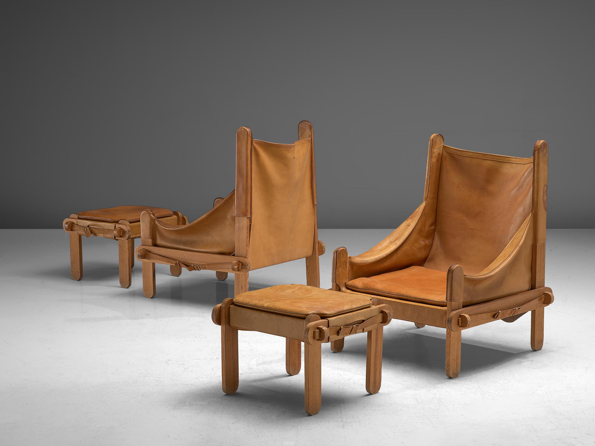 Pair of French Lounge Chairs in Patinated Cognac Leather 4