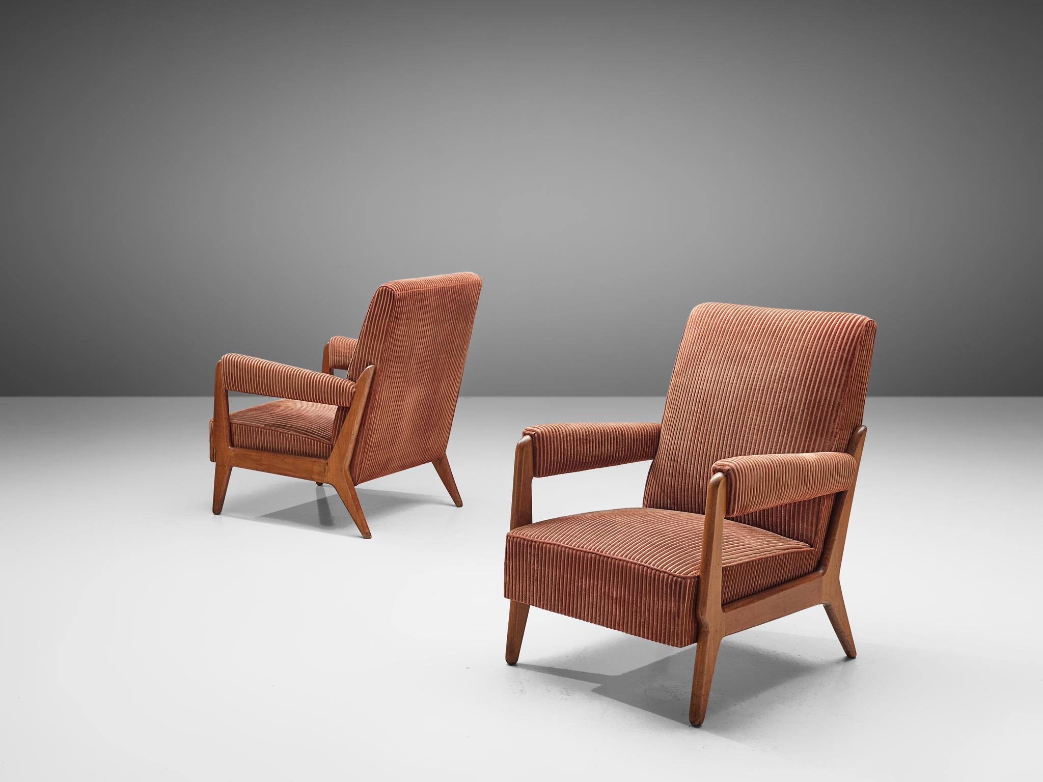 Pair of lounge chairs, ashwood, cord upholstery, France, 1950s
 
These elegant French armchairs are currently upholstered in soft pink cord upholstery that combines beautifully with the ashwood frame. The high backrest is slightly tilted, the