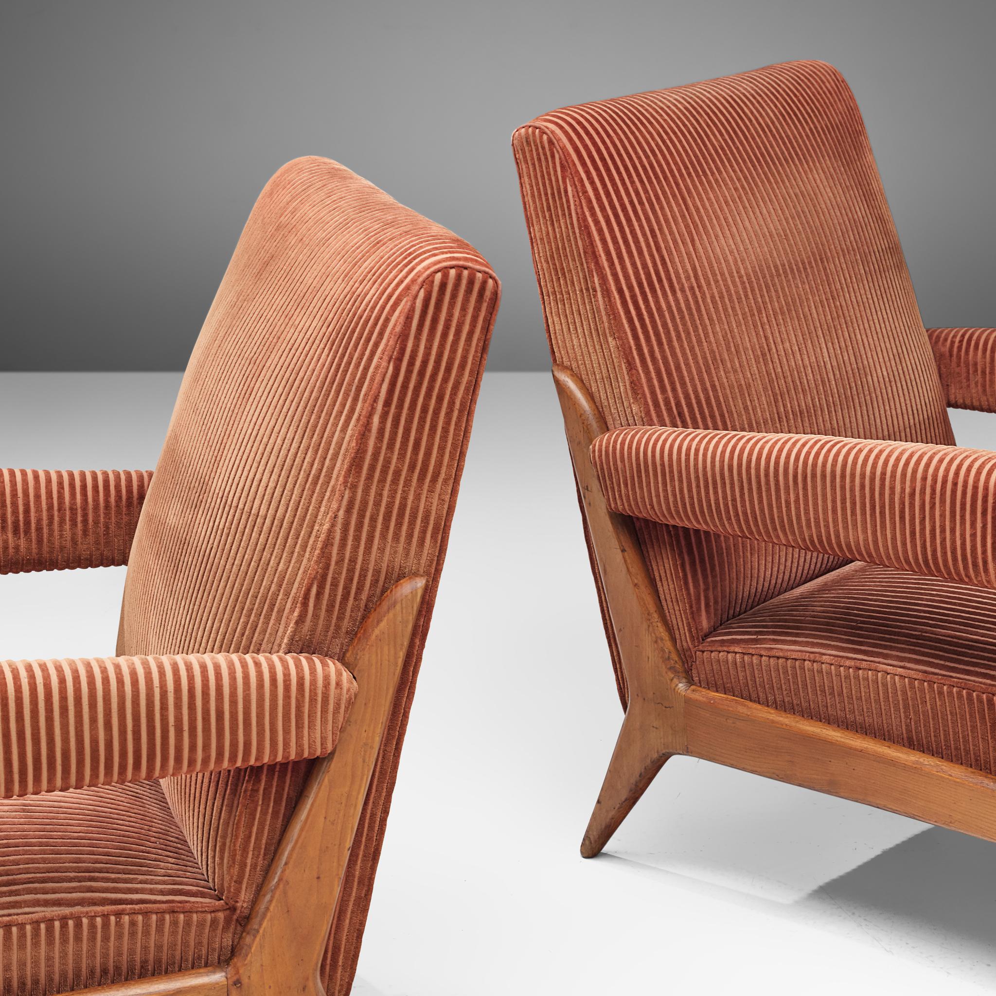 Mid-Century Modern Pair of French Lounge Chairs in Soft Pink Cord Upholstery