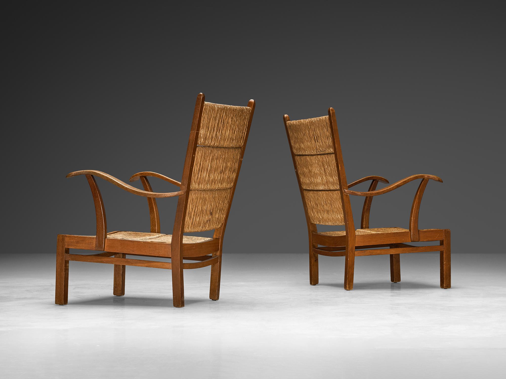 Pair of Dutch Lounge Chairs in Woven Straw and Wood  1